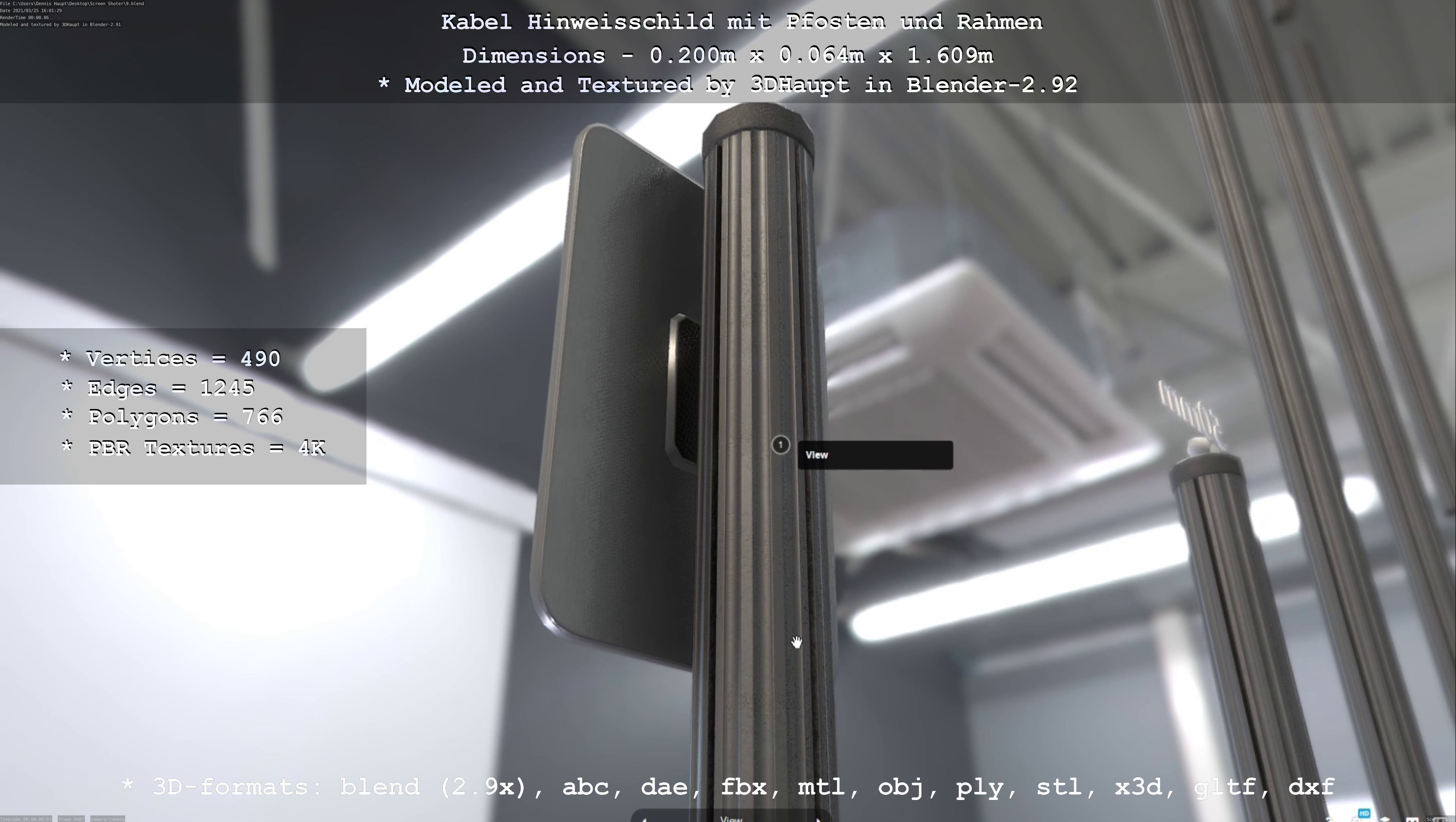 Hinweisschild Kabel mit Pfosten und Rahmen Low-poly 3D model_62