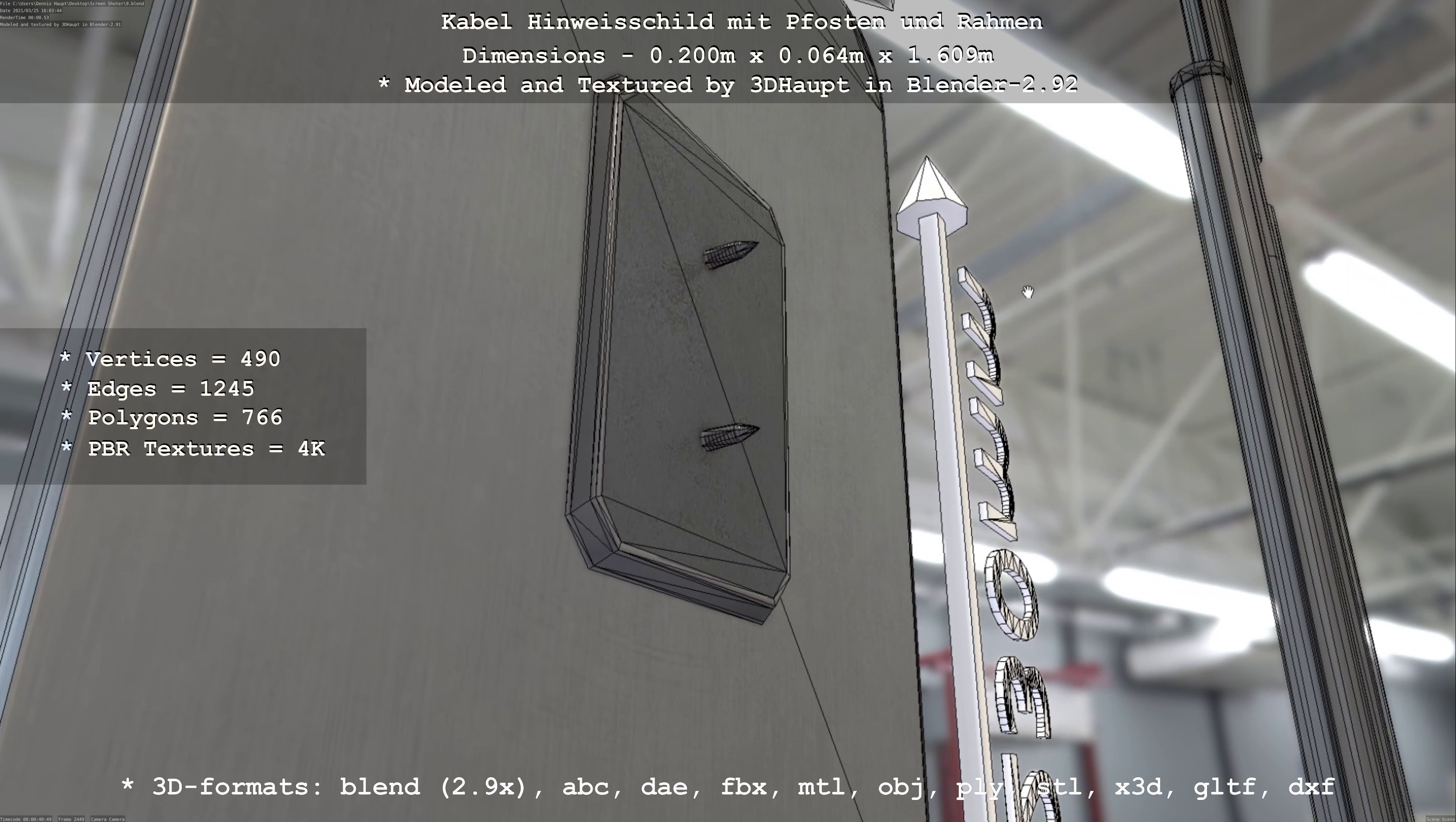 Hinweisschild Kabel mit Pfosten und Rahmen Low-poly 3D model_10