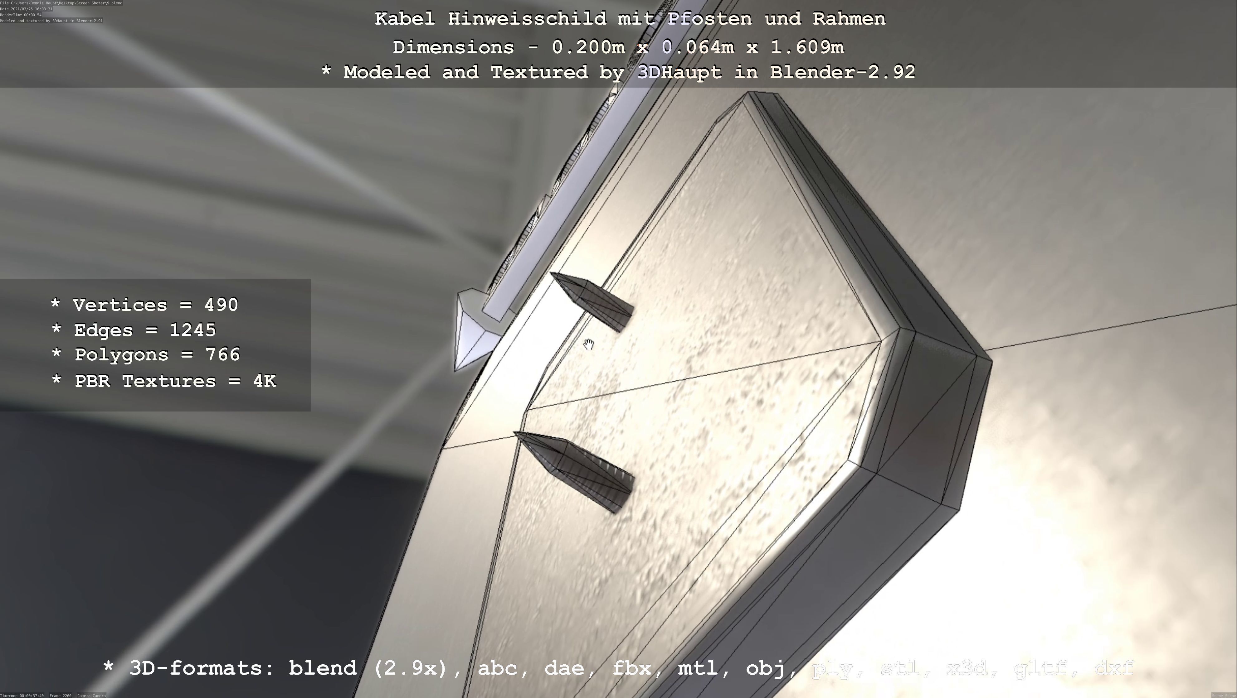 Hinweisschild Kabel mit Pfosten und Rahmen Low-poly 3D model_8