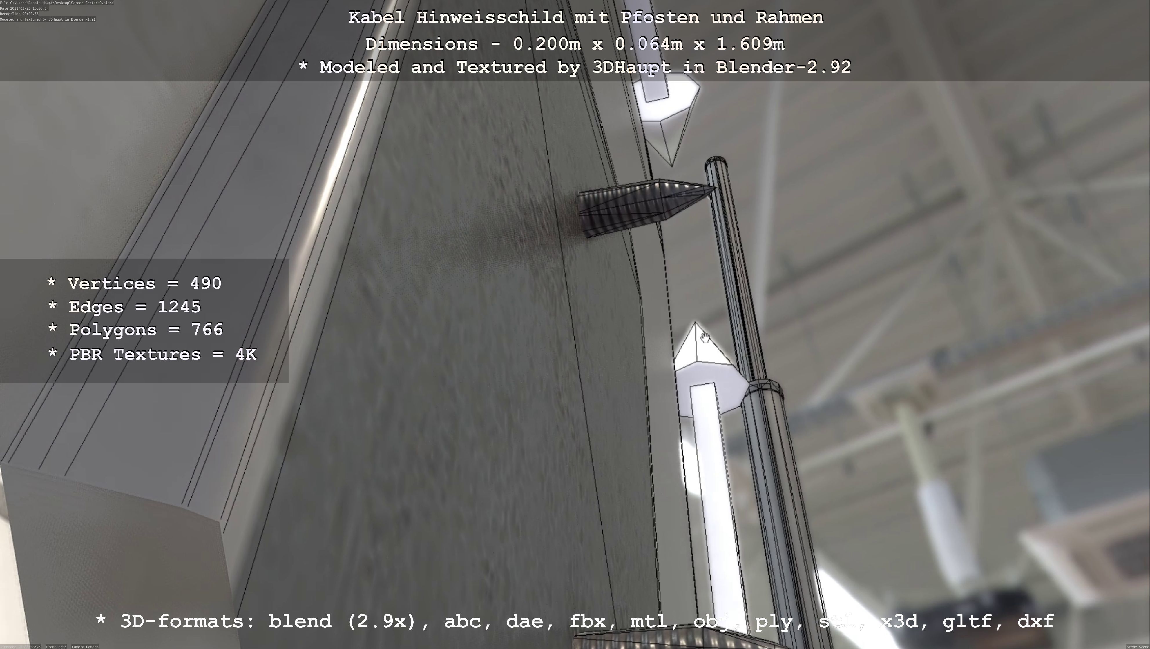 Hinweisschild Kabel mit Pfosten und Rahmen Low-poly 3D model_126