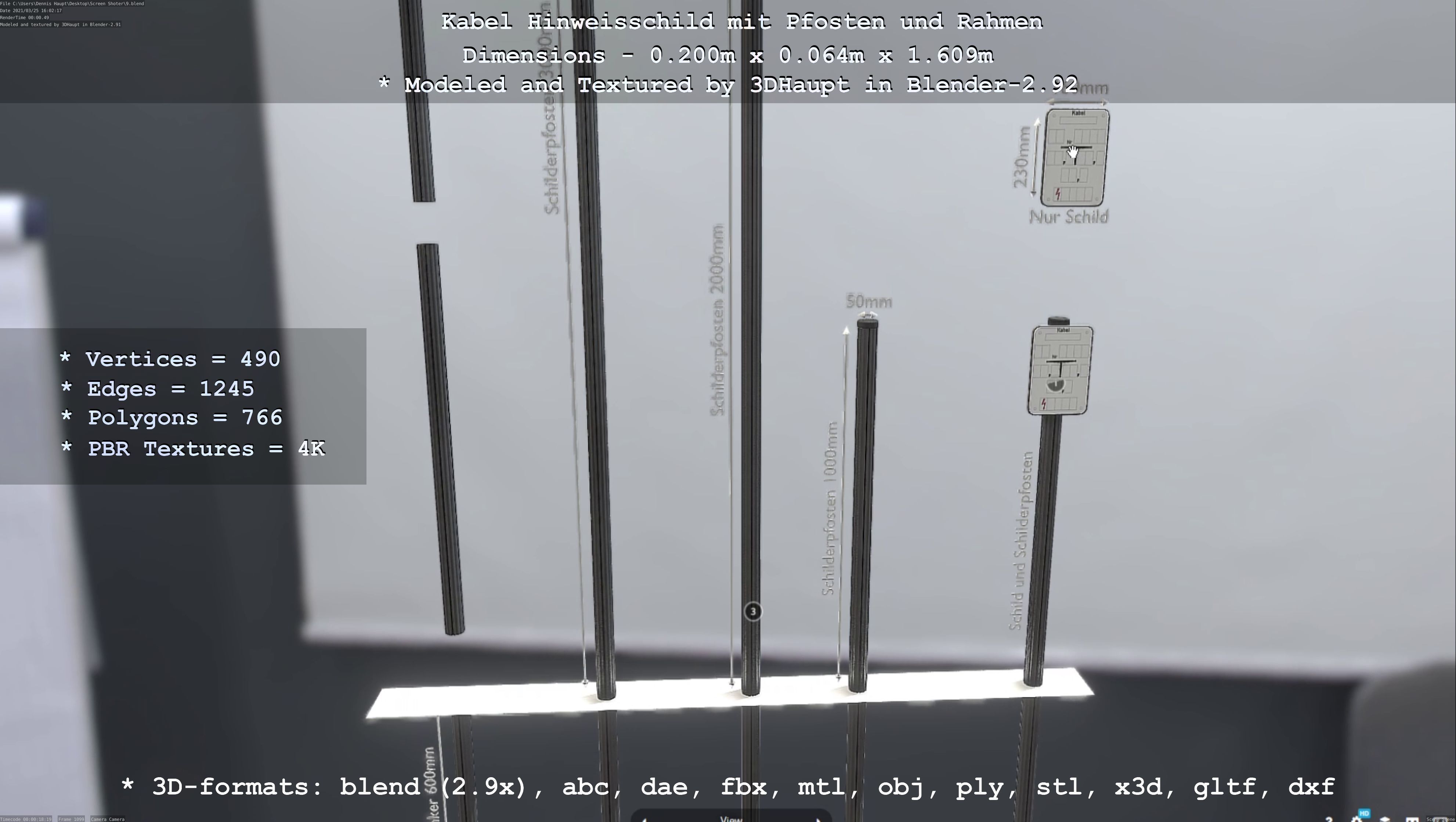 Hinweisschild Kabel mit Pfosten und Rahmen Low-poly 3D model_114