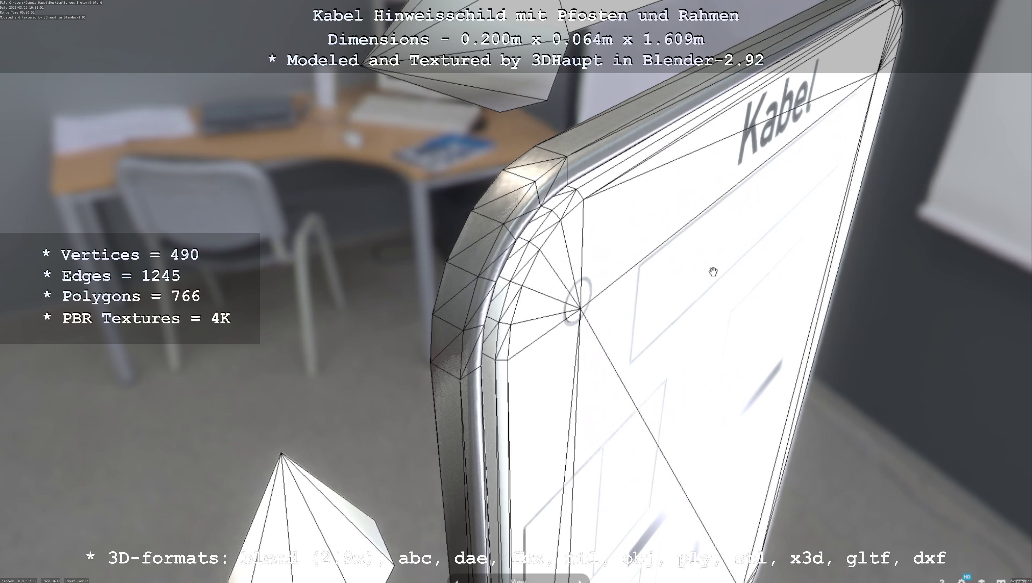 Hinweisschild Kabel mit Pfosten und Rahmen Low-poly 3D model_49