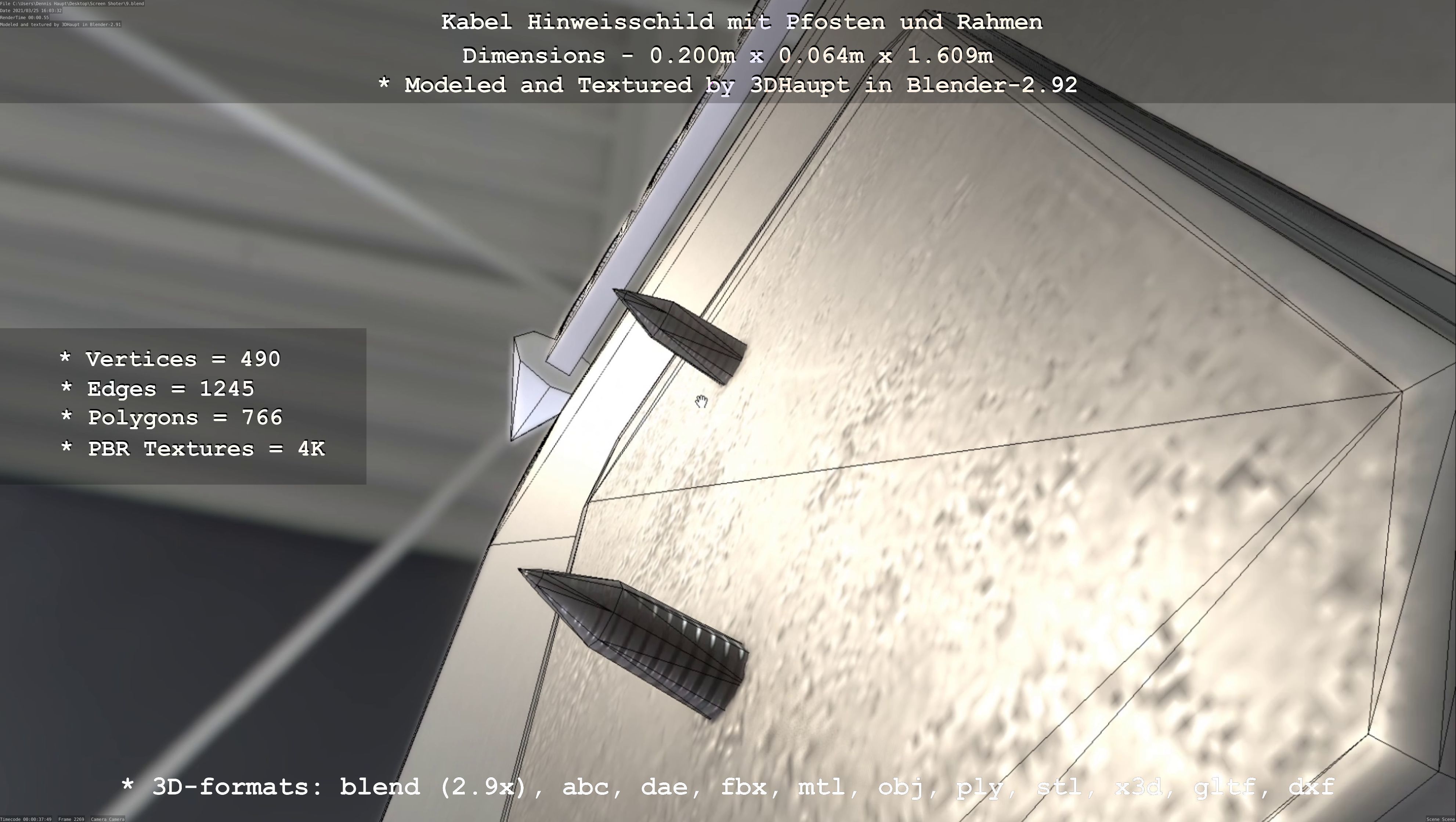 Hinweisschild Kabel mit Pfosten und Rahmen Low-poly 3D model_45