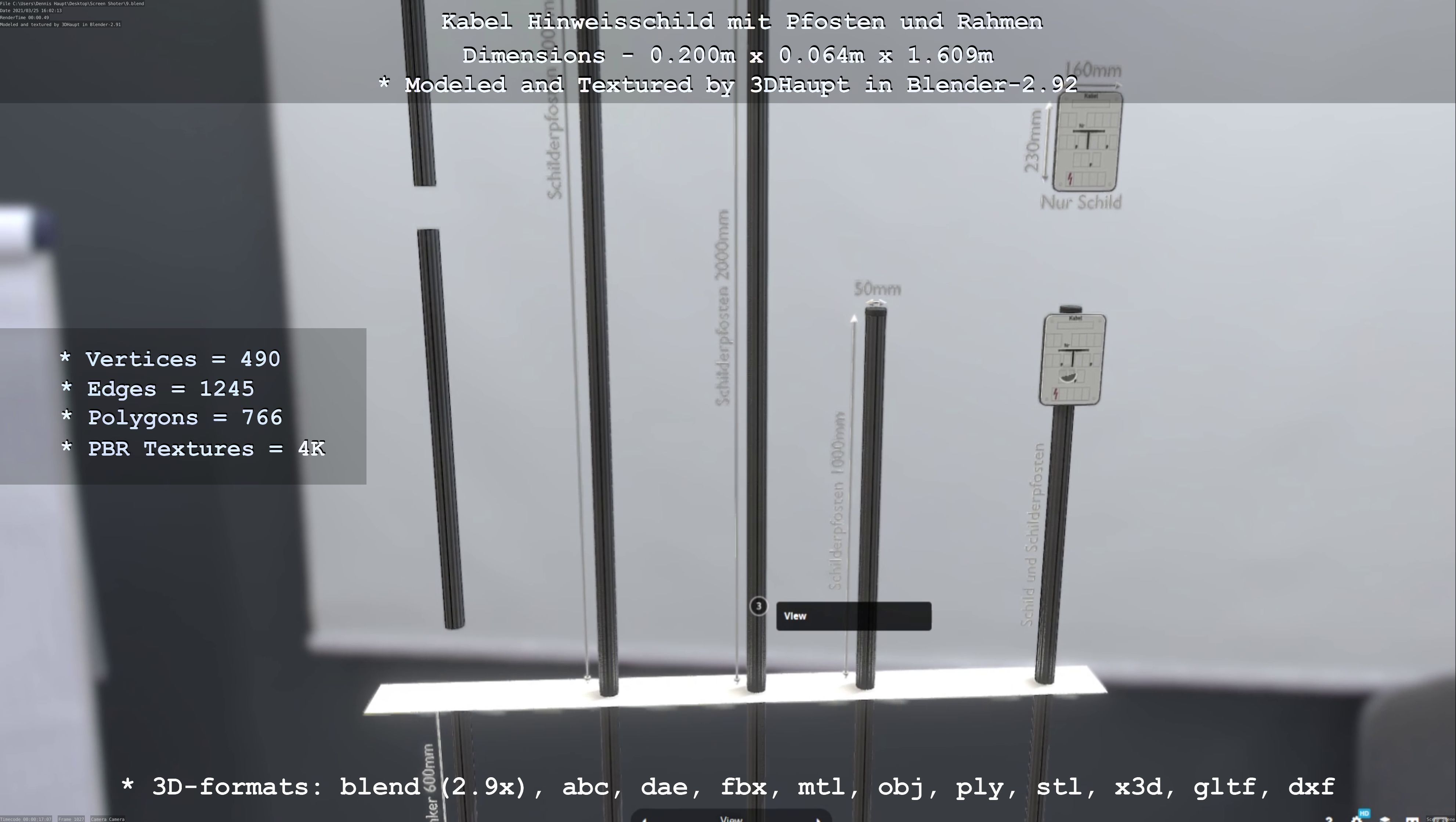 Hinweisschild Kabel mit Pfosten und Rahmen Low-poly 3D model_117