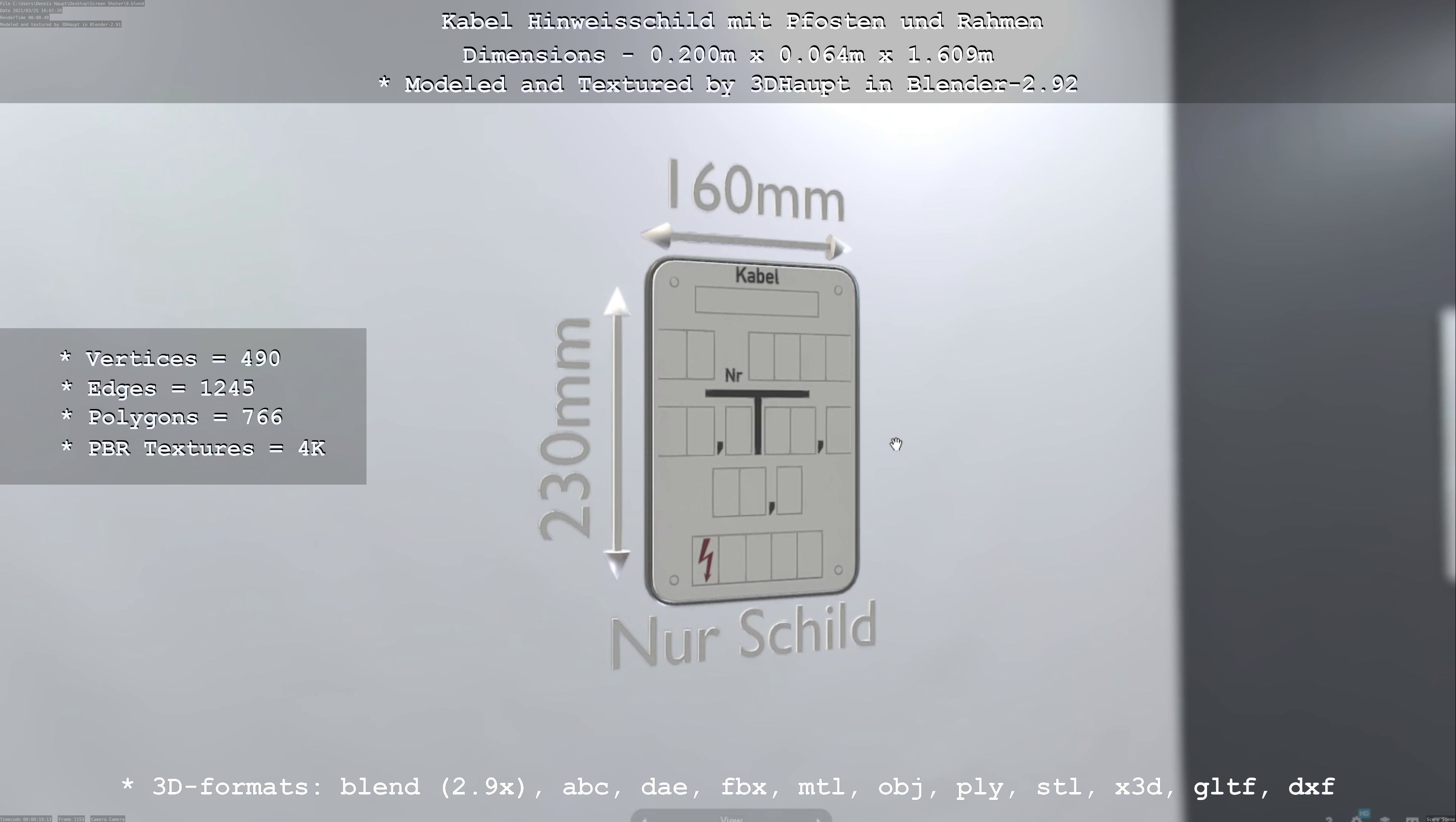 Hinweisschild Kabel mit Pfosten und Rahmen Low-poly 3D model_21