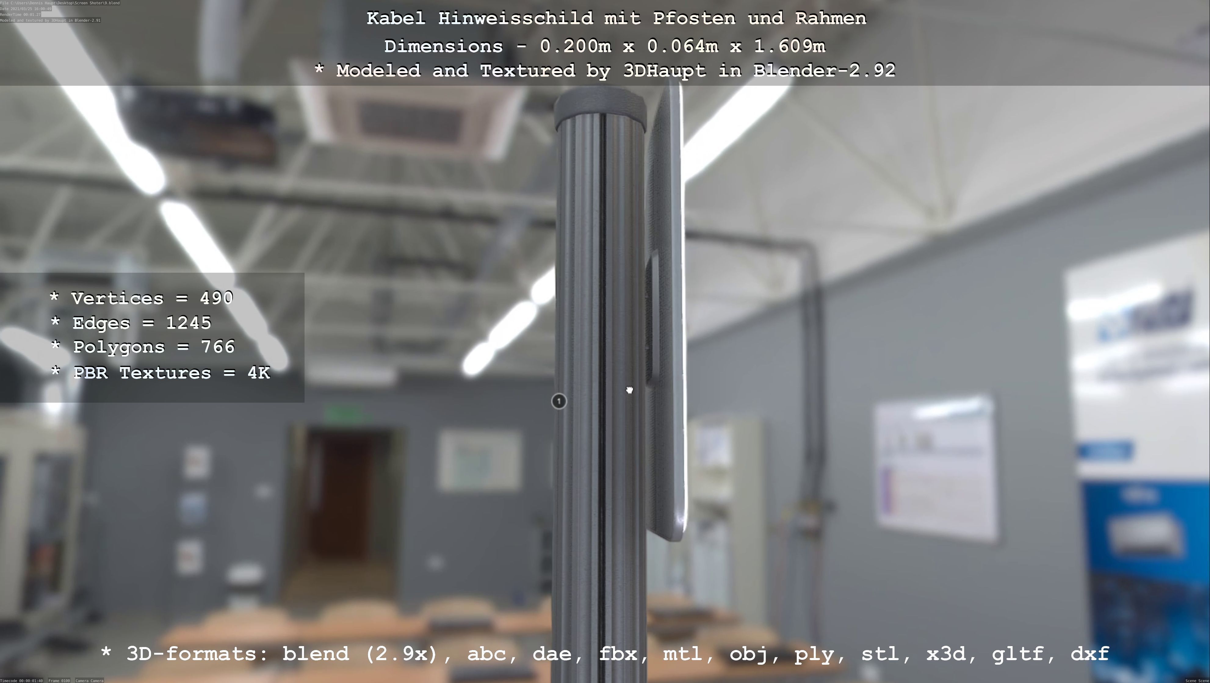 Hinweisschild Kabel mit Pfosten und Rahmen Low-poly 3D model_14