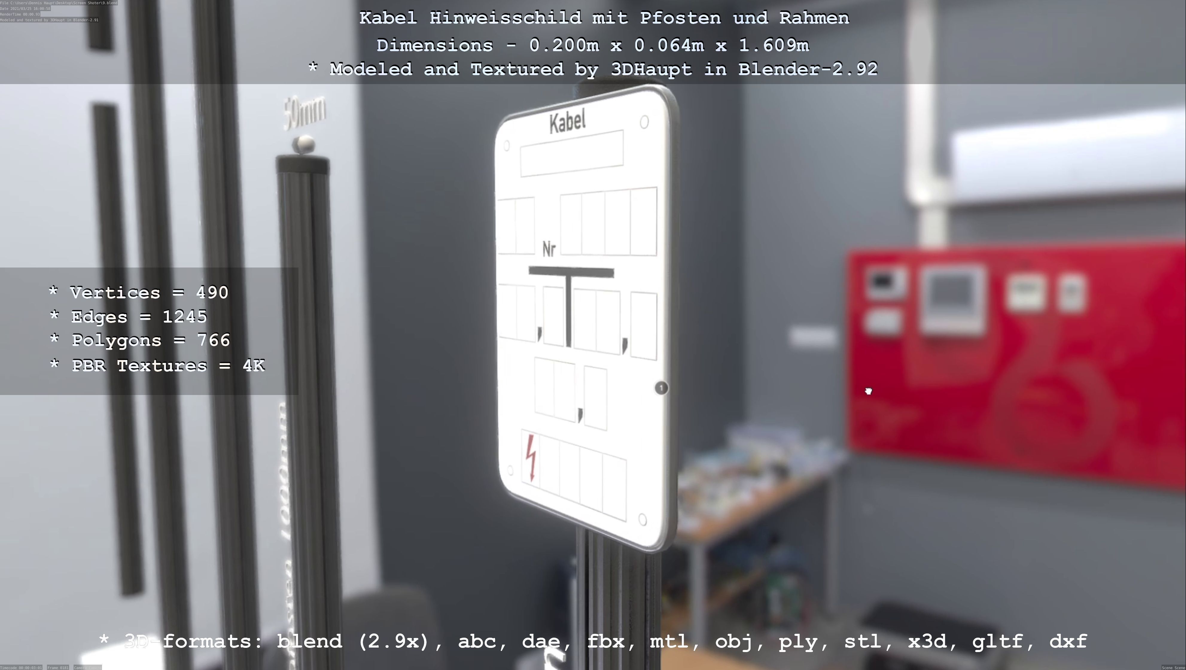 Hinweisschild Kabel mit Pfosten und Rahmen Low-poly 3D model_69