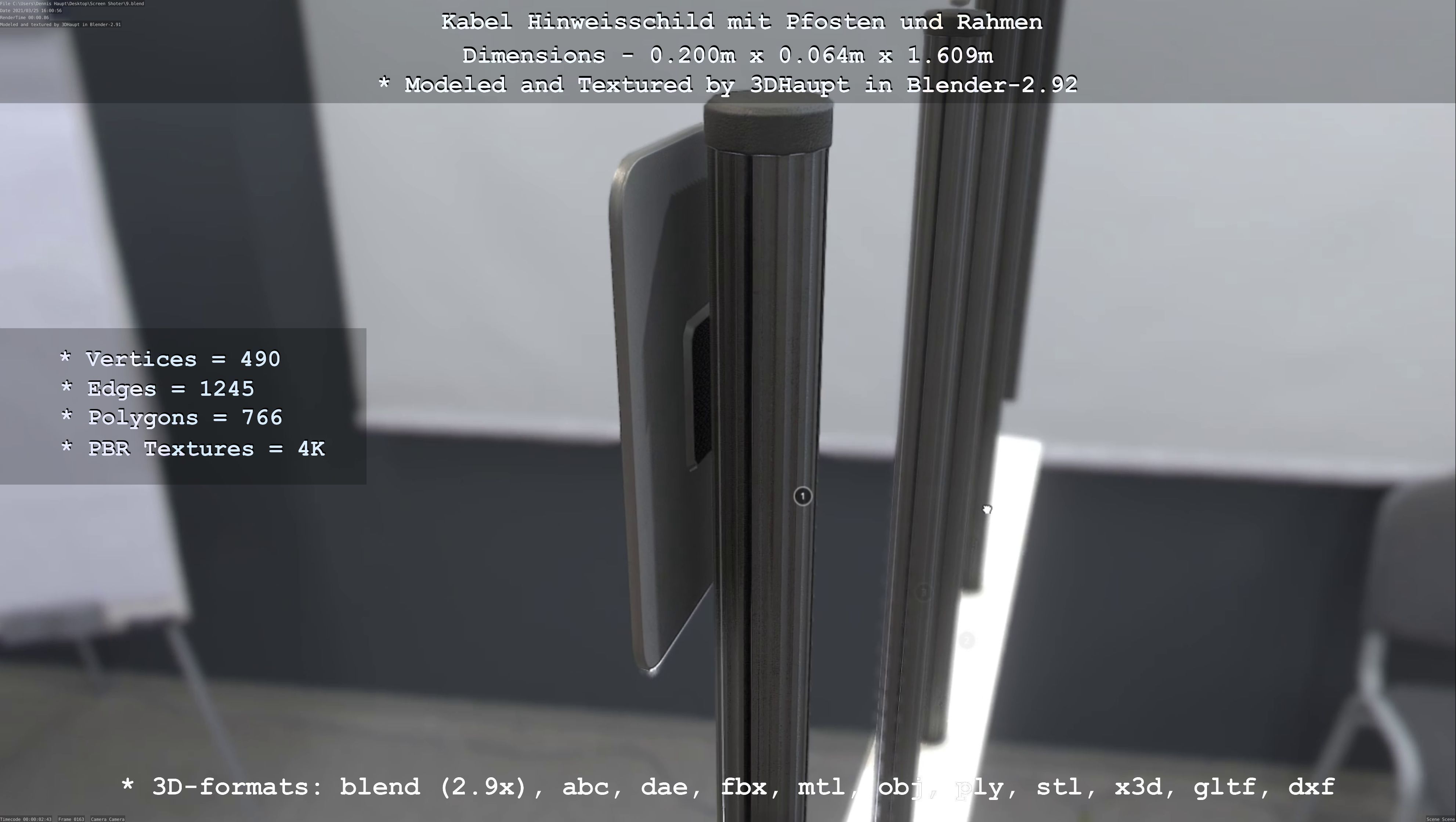 Hinweisschild Kabel mit Pfosten und Rahmen Low-poly 3D model_95