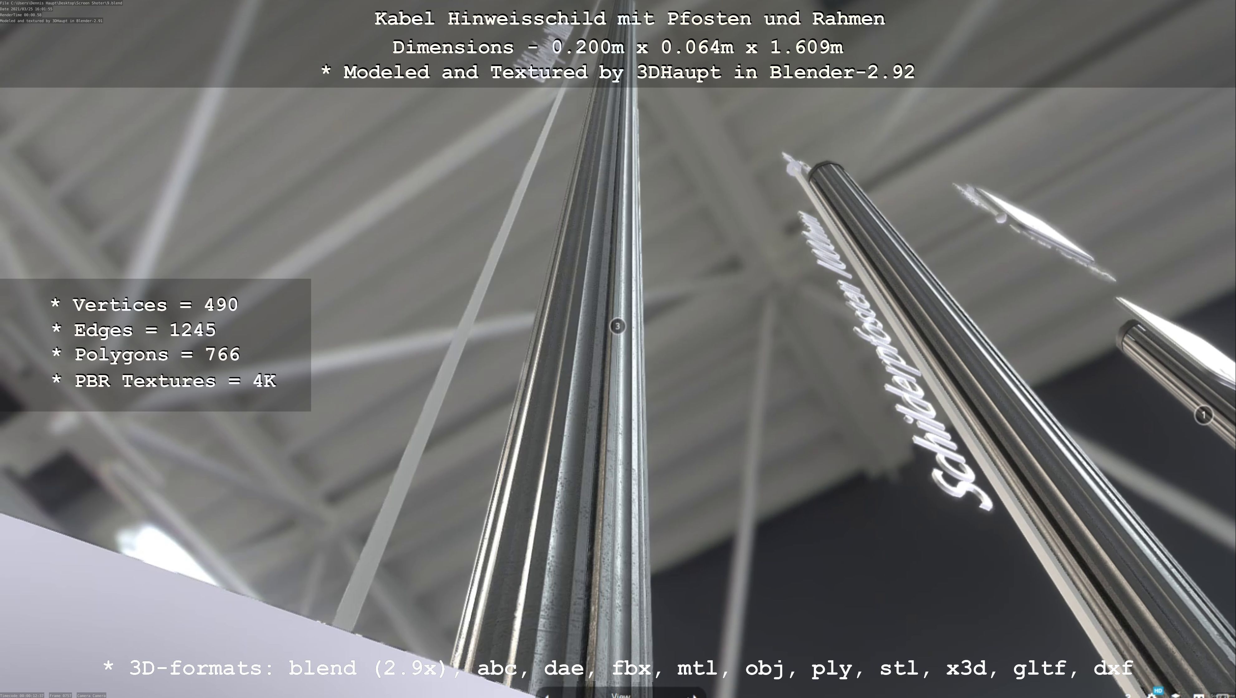 Hinweisschild Kabel mit Pfosten und Rahmen Low-poly 3D model_91