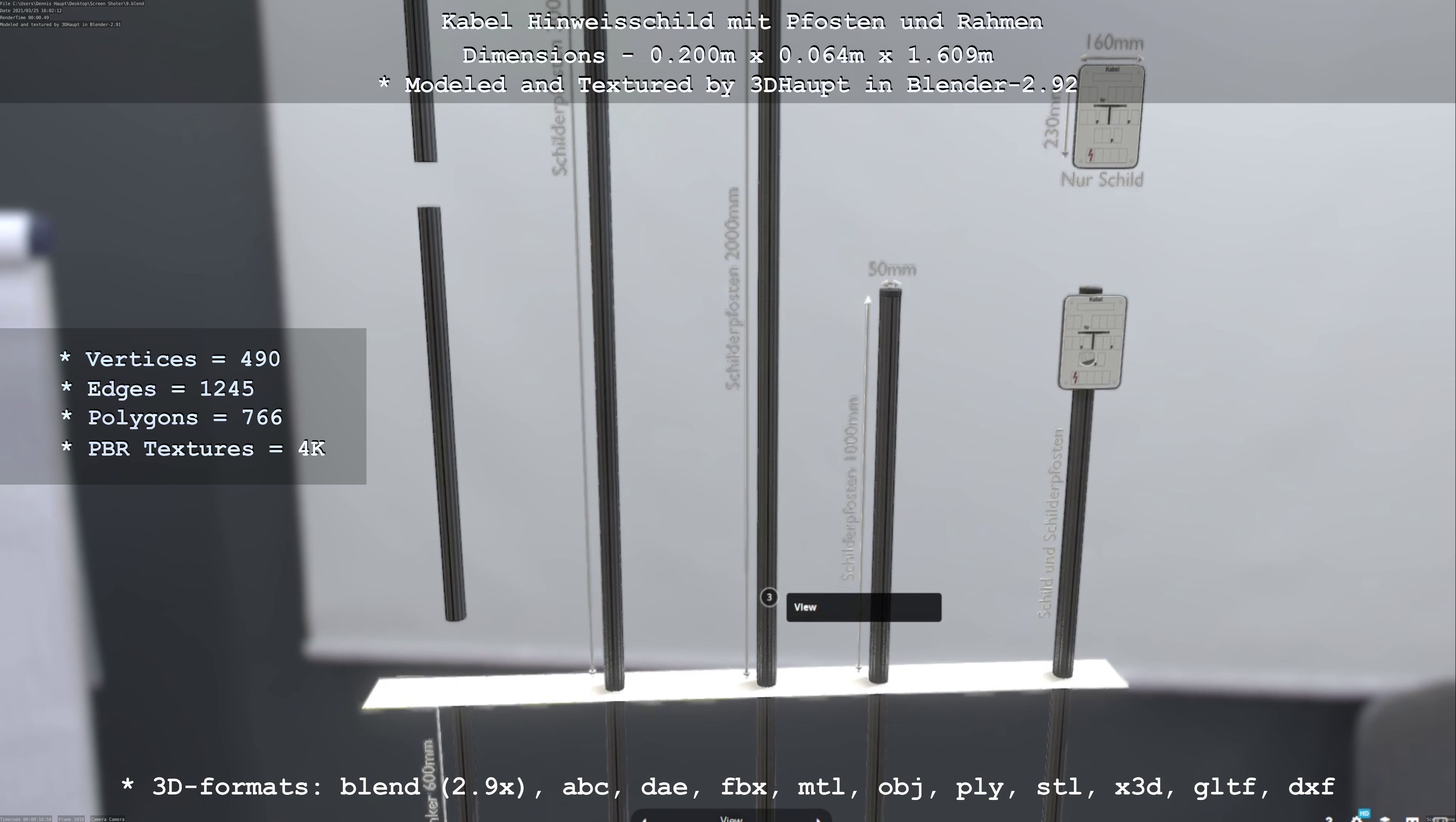 Hinweisschild Kabel mit Pfosten und Rahmen Low-poly 3D model_105
