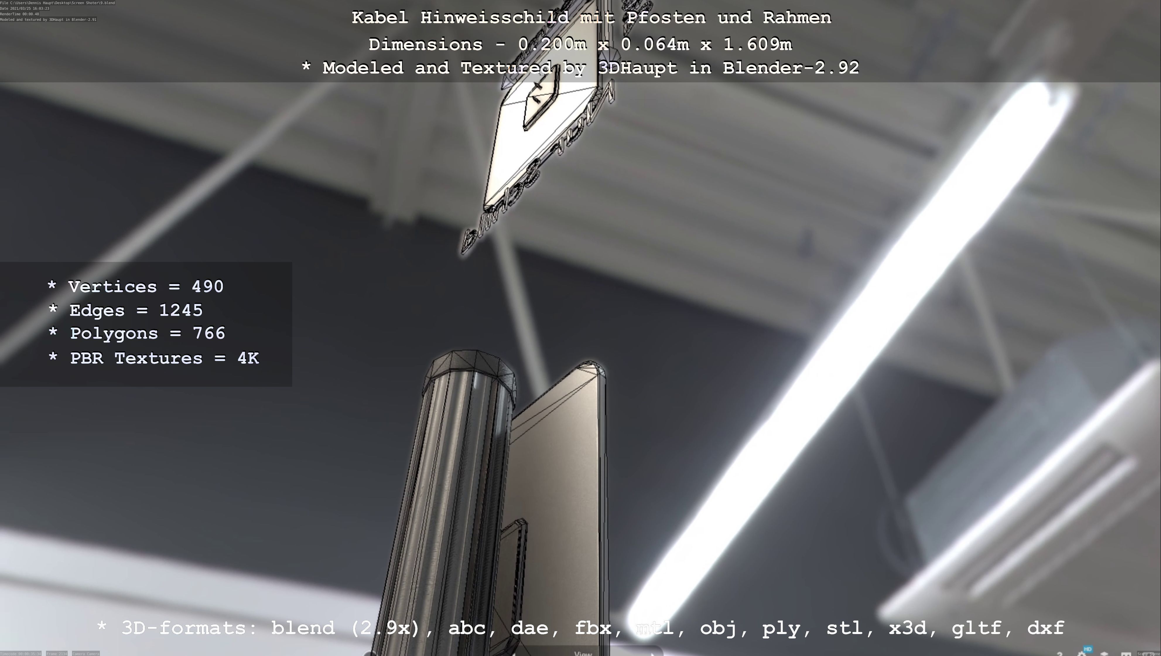 Hinweisschild Kabel mit Pfosten und Rahmen Low-poly 3D model_34