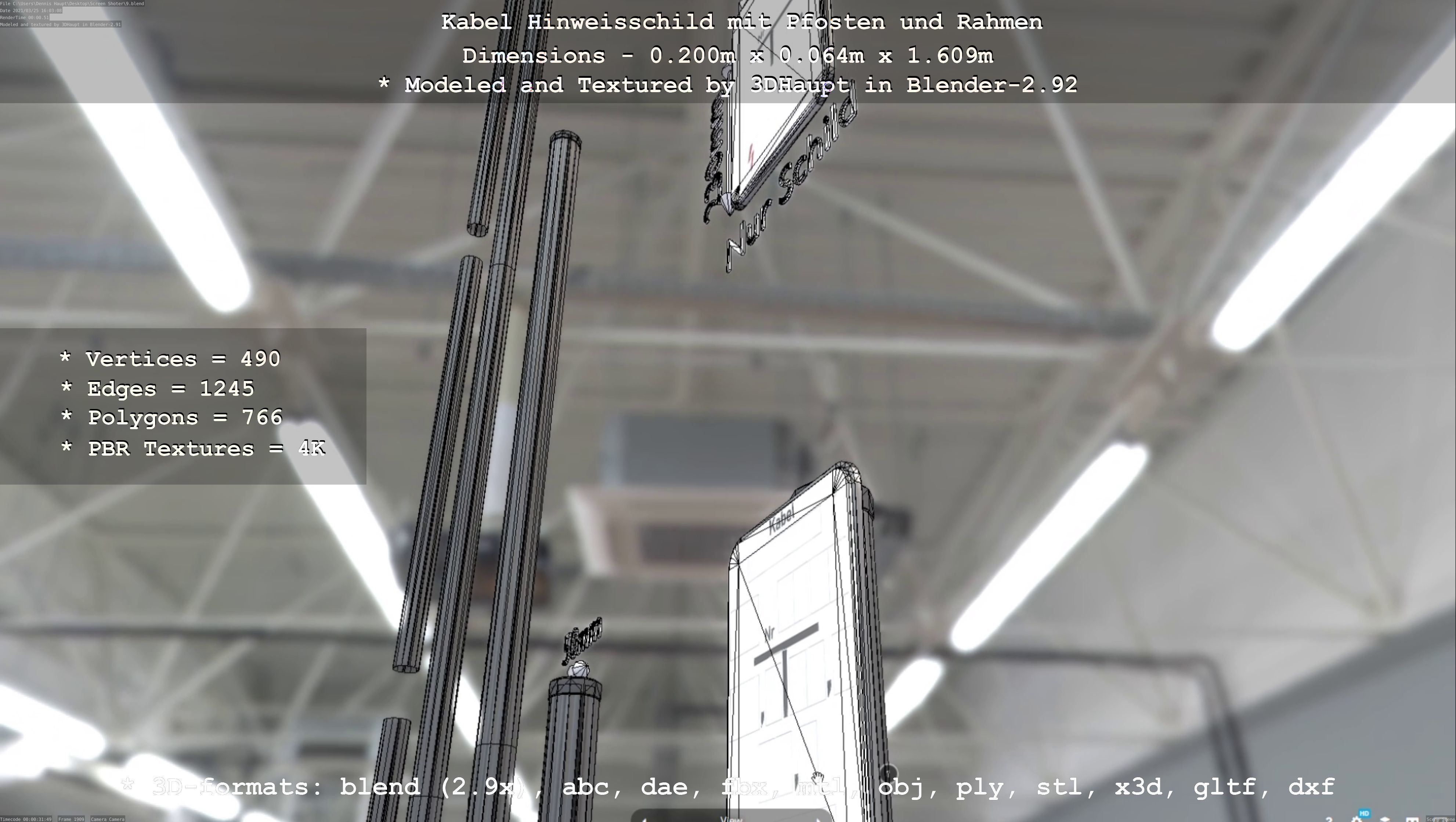 Hinweisschild Kabel mit Pfosten und Rahmen Low-poly 3D model_73