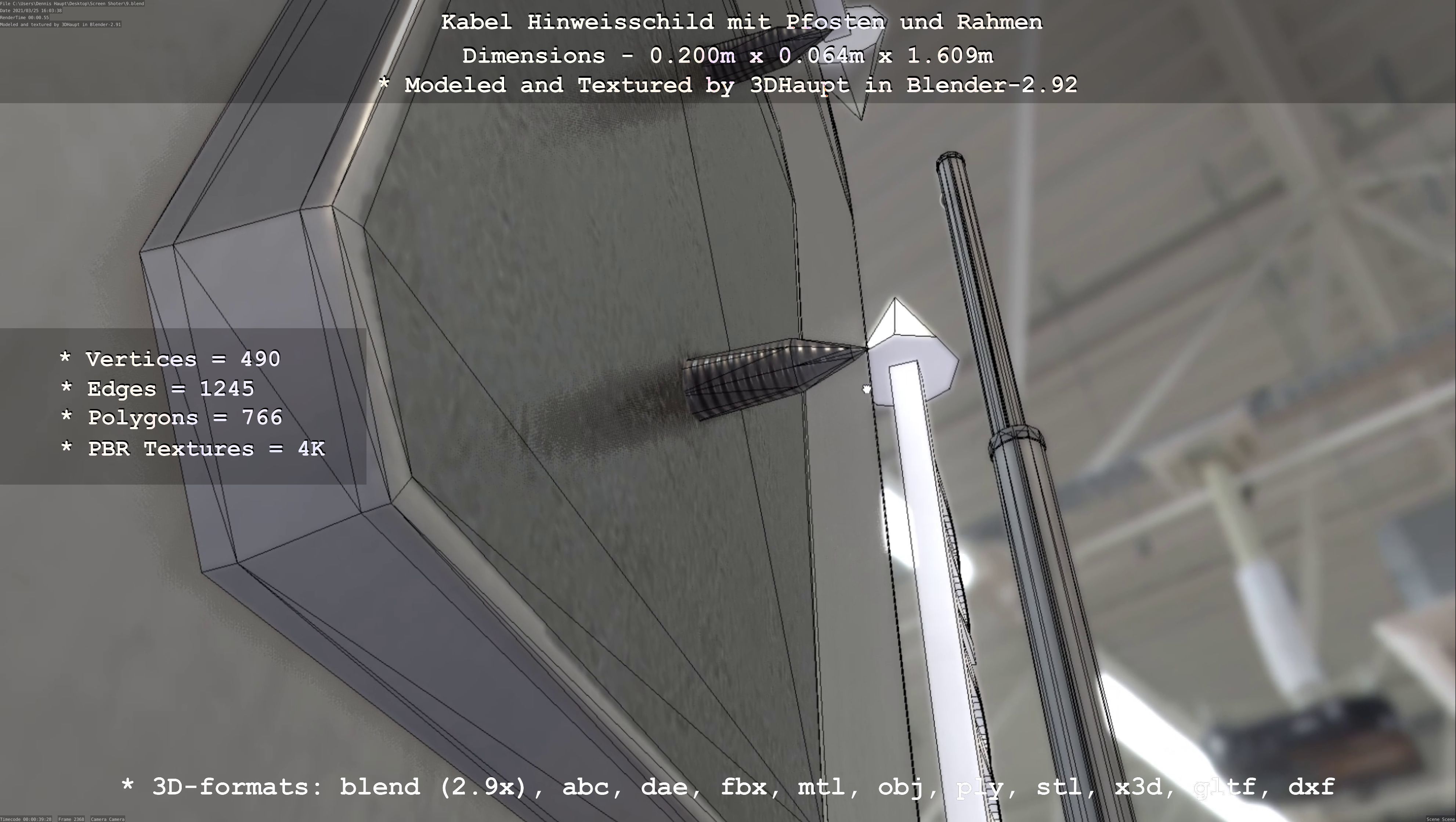 Hinweisschild Kabel mit Pfosten und Rahmen Low-poly 3D model_54