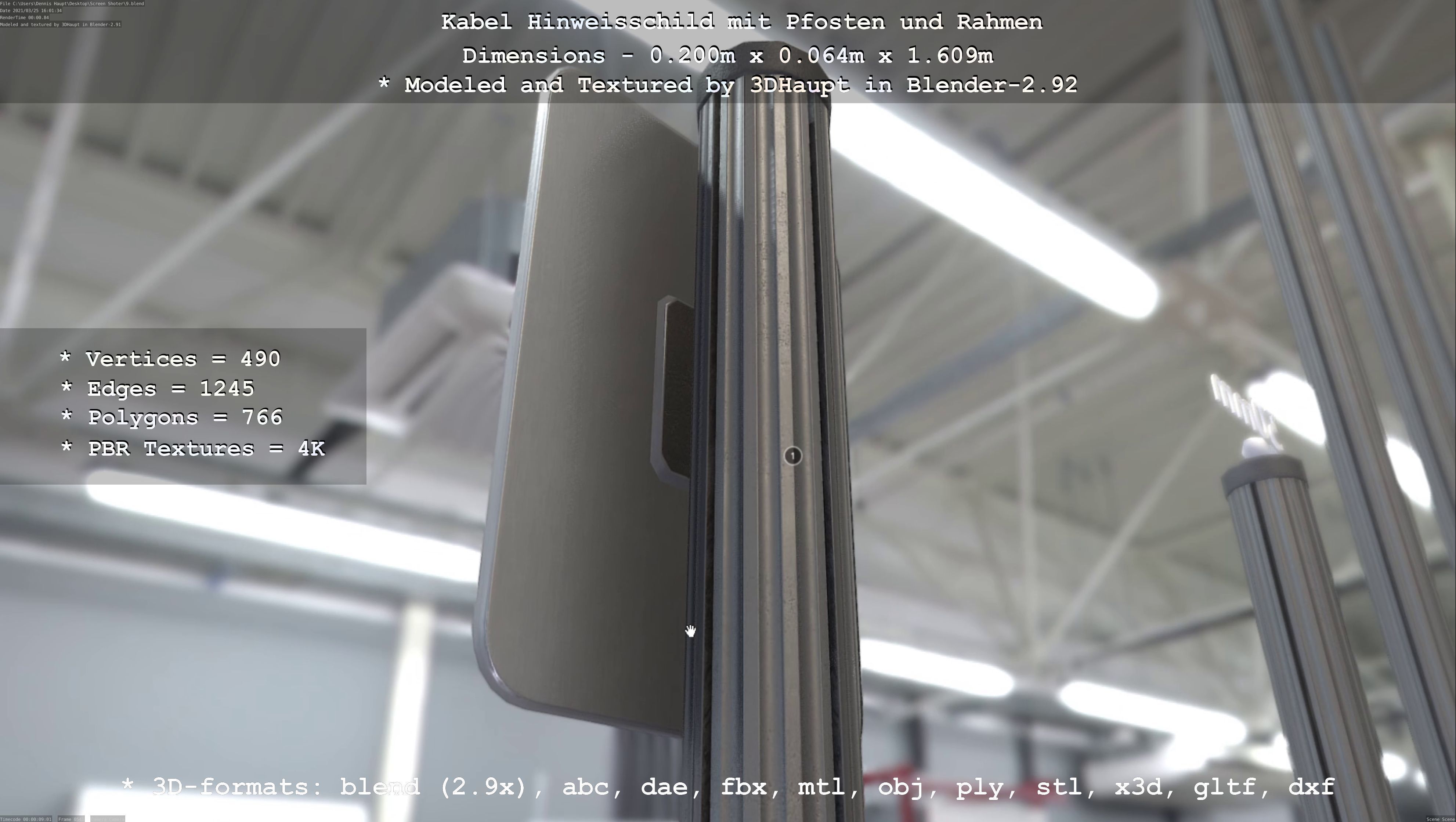 Hinweisschild Kabel mit Pfosten und Rahmen Low-poly 3D model_75