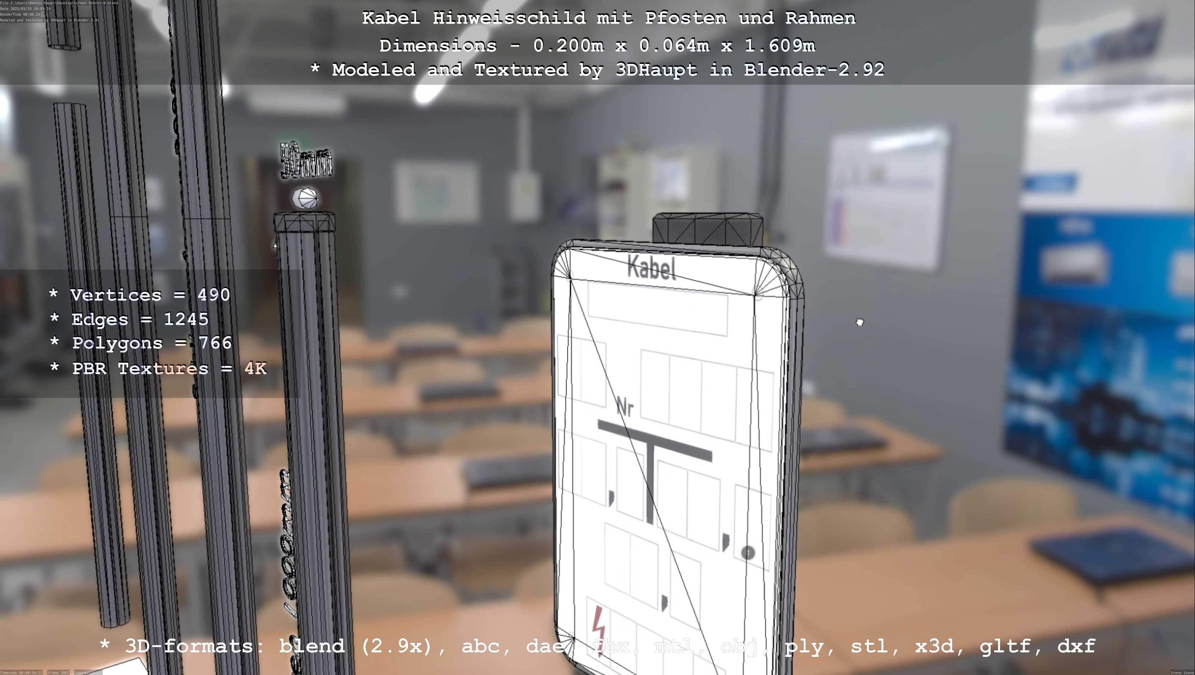 Hinweisschild Kabel mit Pfosten und Rahmen Low-poly 3D model_58