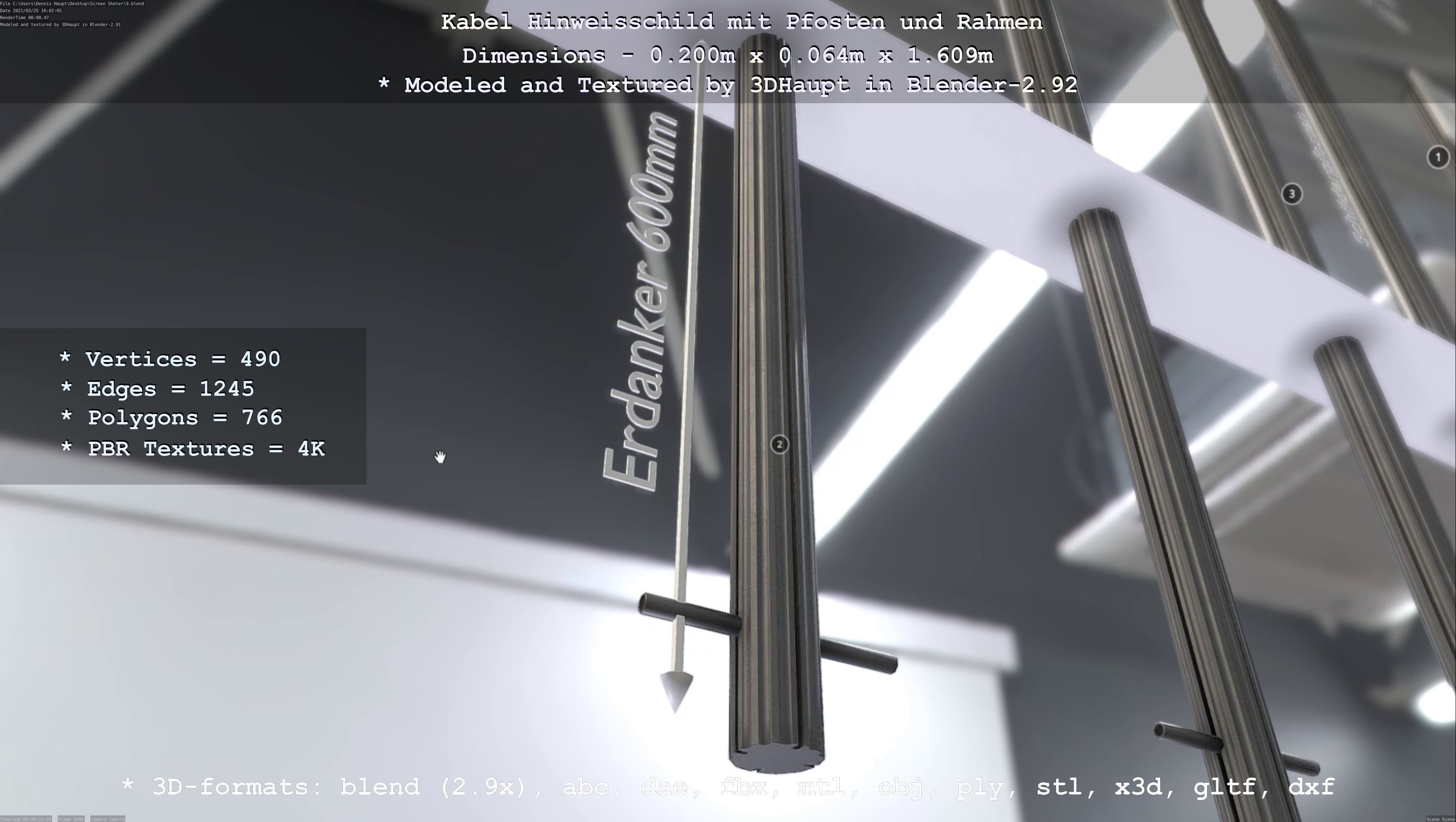 Hinweisschild Kabel mit Pfosten und Rahmen Low-poly 3D model_115