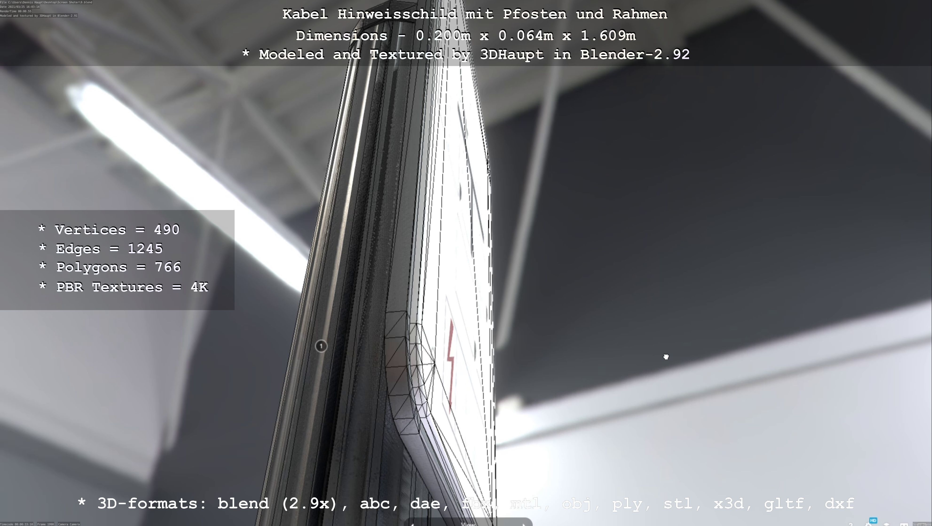 Hinweisschild Kabel mit Pfosten und Rahmen Low-poly 3D model_42