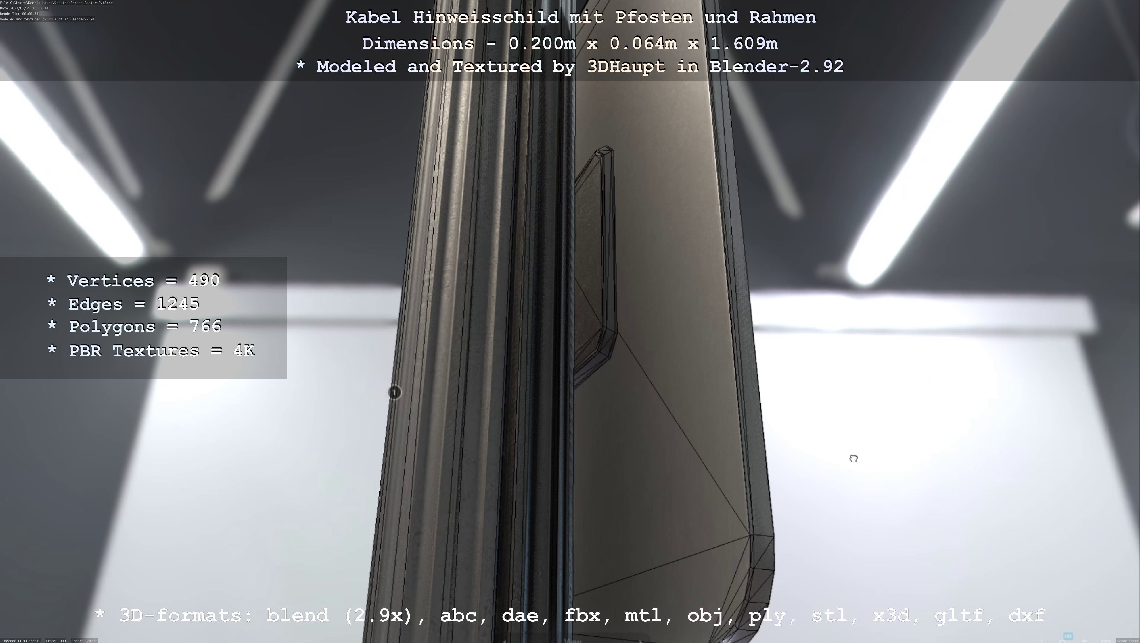 Hinweisschild Kabel mit Pfosten und Rahmen Low-poly 3D model_78