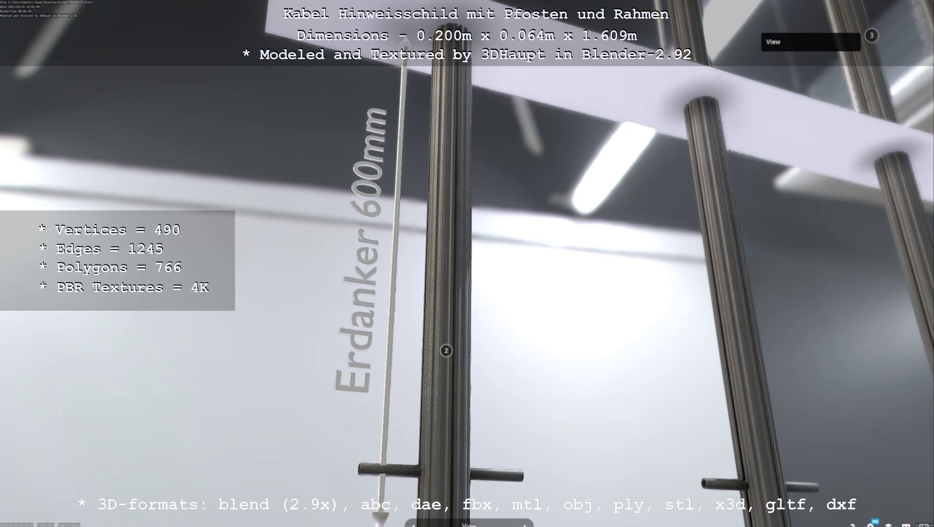 Hinweisschild Kabel mit Pfosten und Rahmen Low-poly 3D model_121