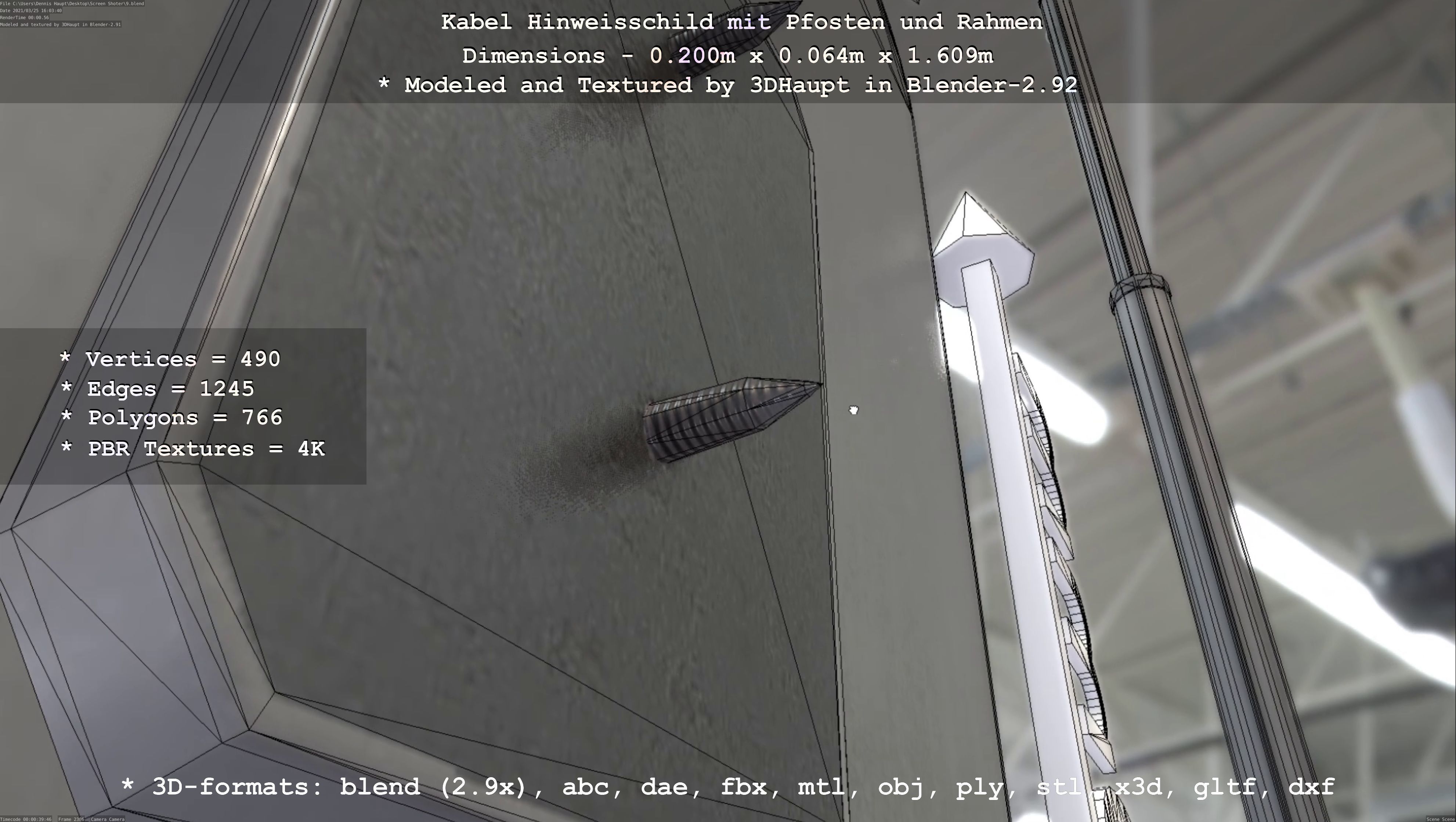 Hinweisschild Kabel mit Pfosten und Rahmen Low-poly 3D model_27