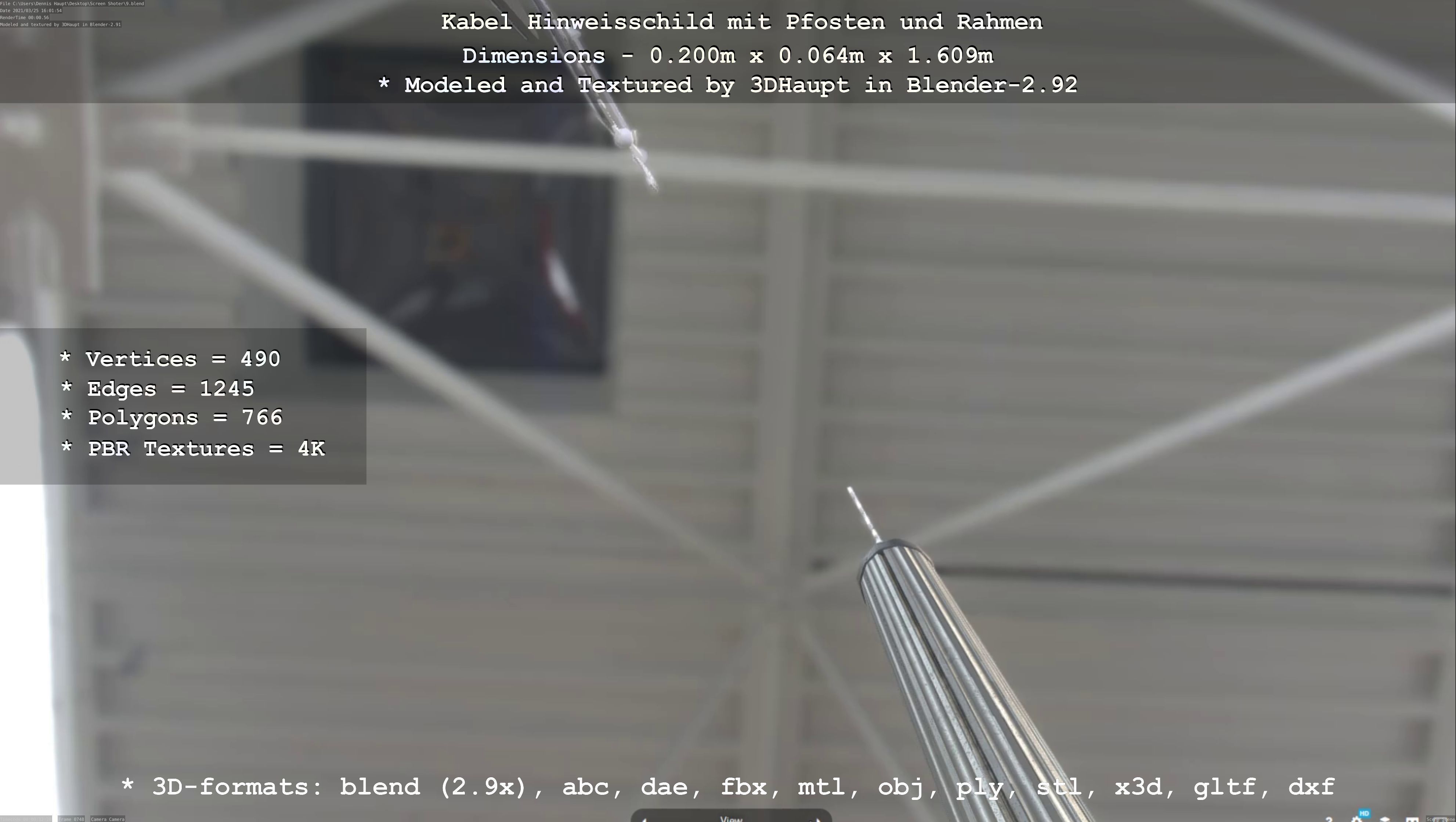 Hinweisschild Kabel mit Pfosten und Rahmen Low-poly 3D model_97