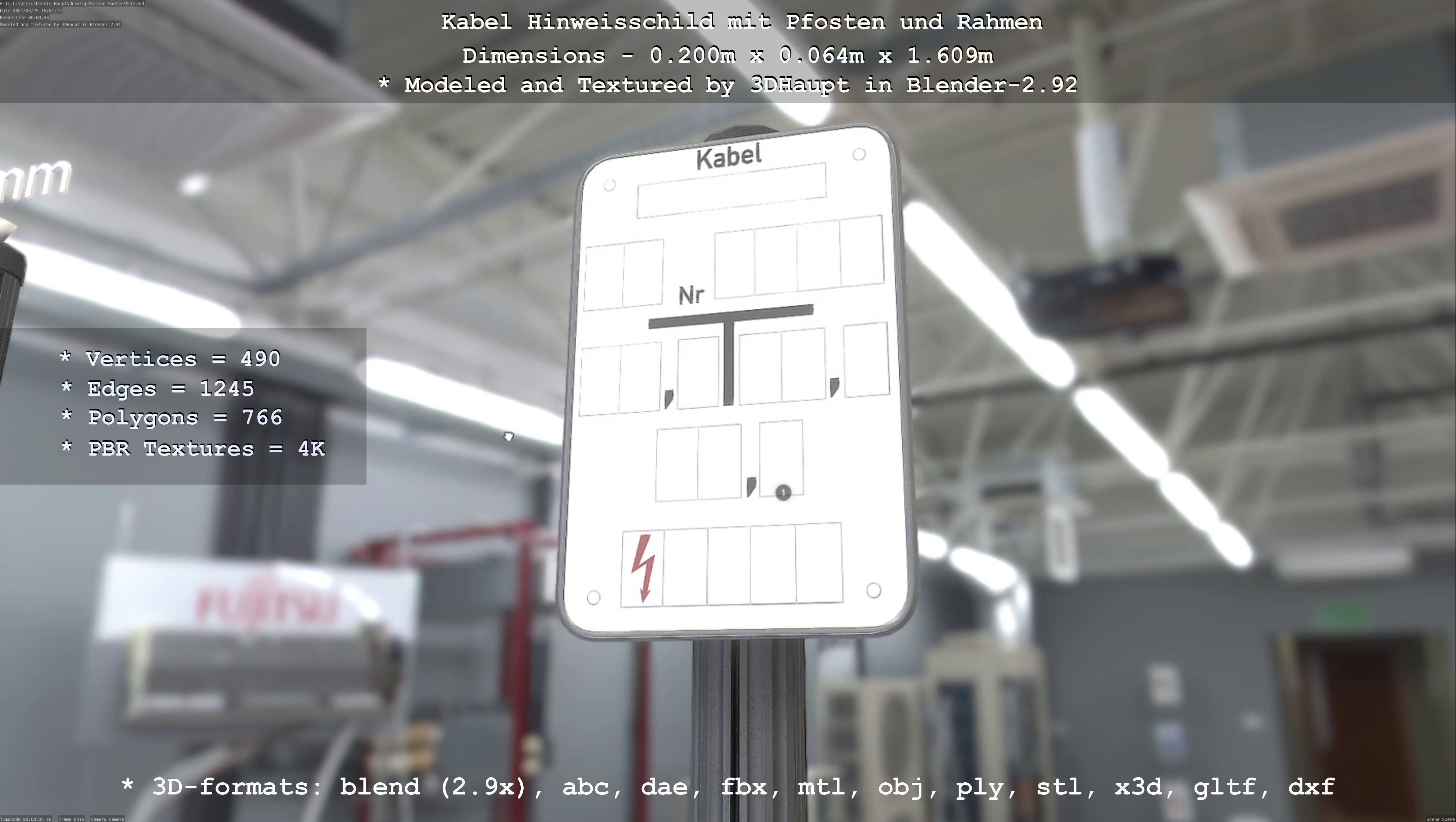 Hinweisschild Kabel mit Pfosten und Rahmen Low-poly 3D model_76