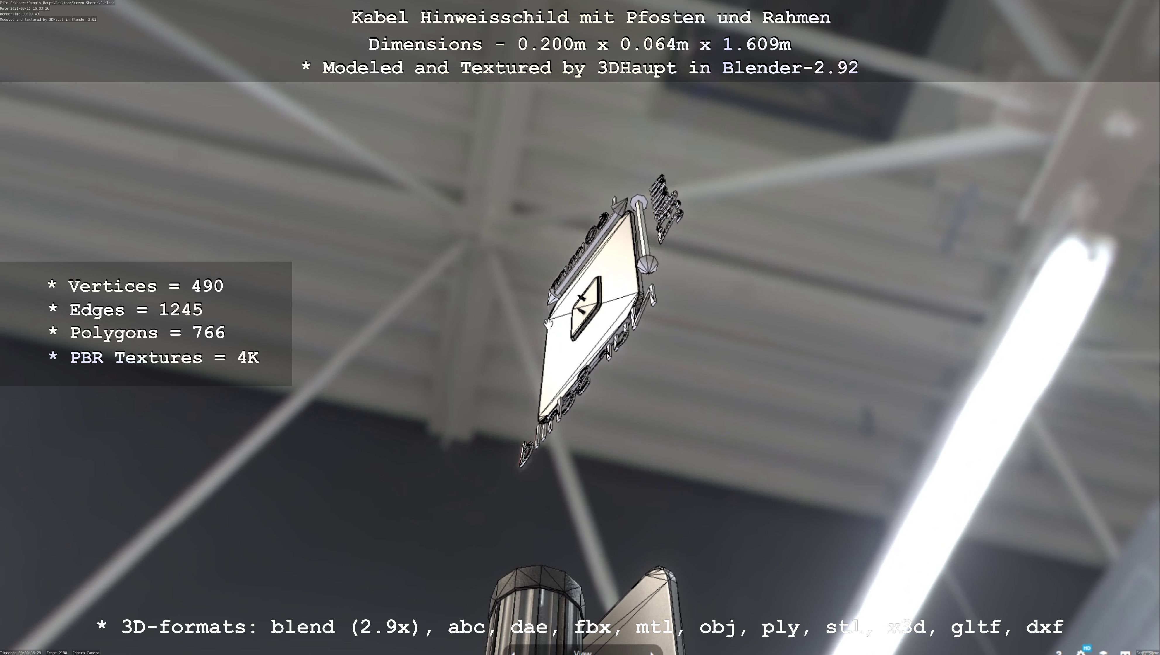 Hinweisschild Kabel mit Pfosten und Rahmen Low-poly 3D model_44