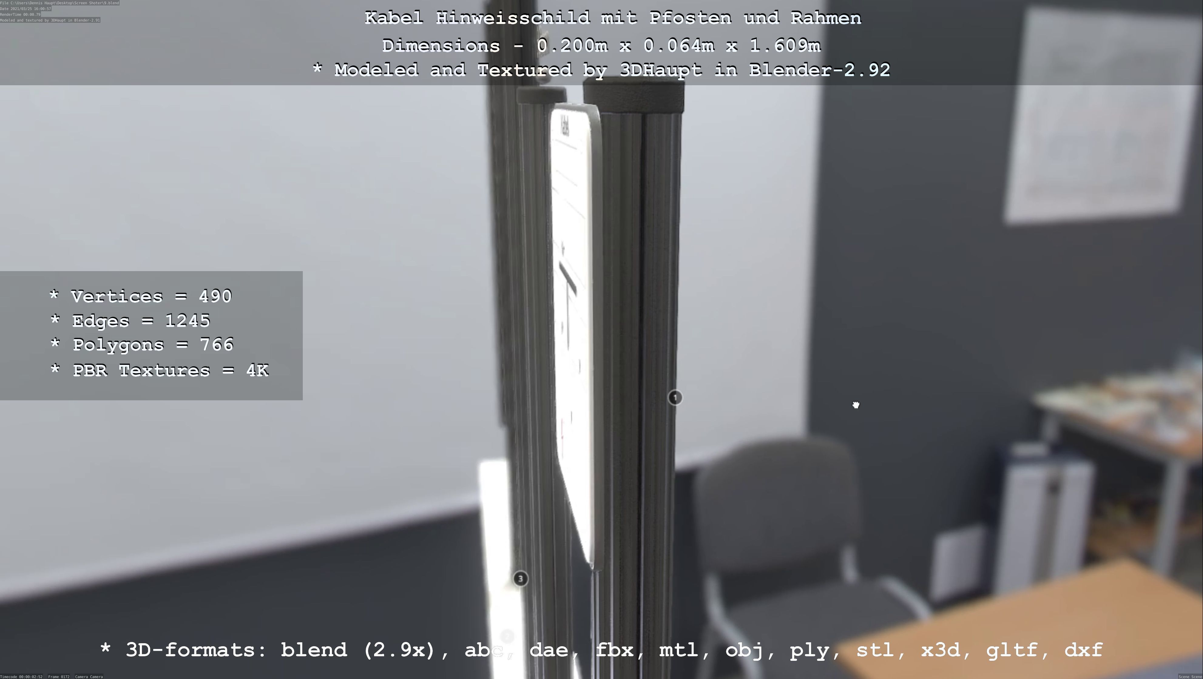 Hinweisschild Kabel mit Pfosten und Rahmen Low-poly 3D model_96