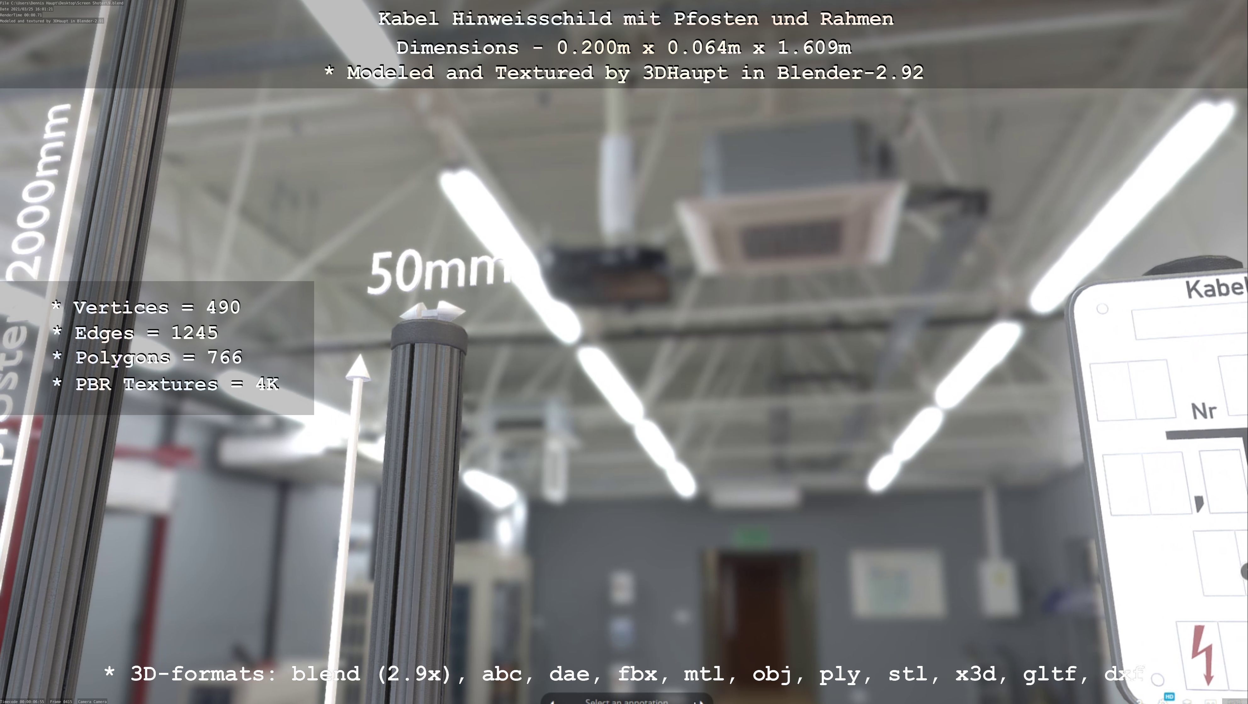 Hinweisschild Kabel mit Pfosten und Rahmen Low-poly 3D model_68