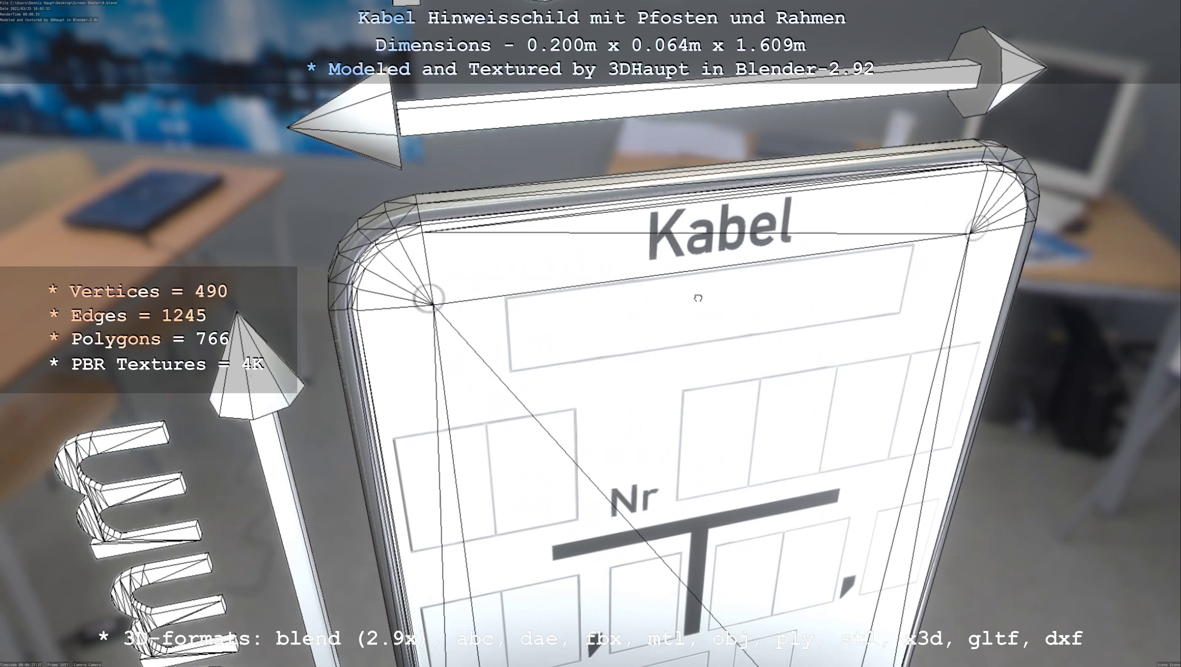 Hinweisschild Kabel mit Pfosten und Rahmen Low-poly 3D model_79