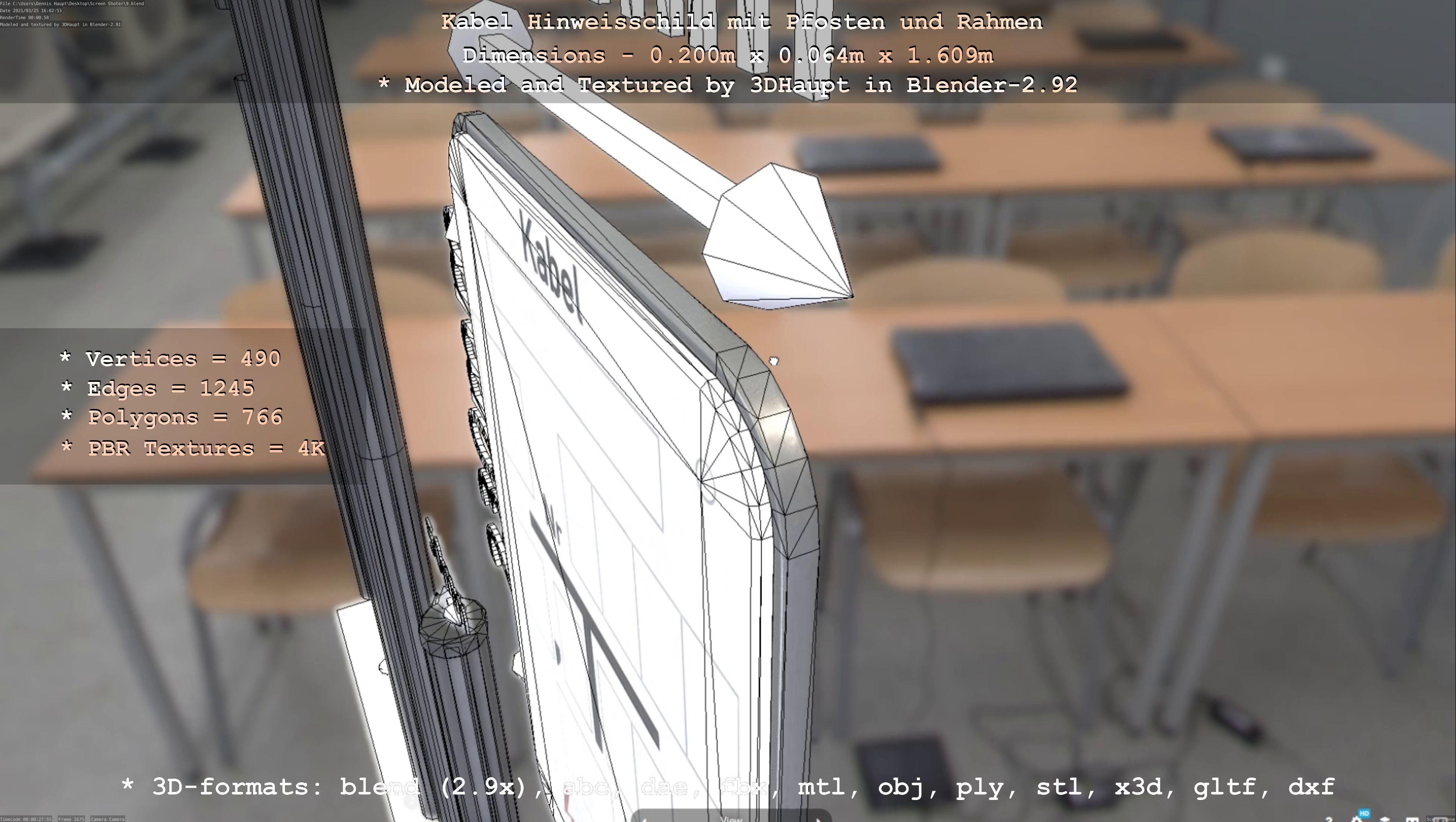 Hinweisschild Kabel mit Pfosten und Rahmen Low-poly 3D model_3