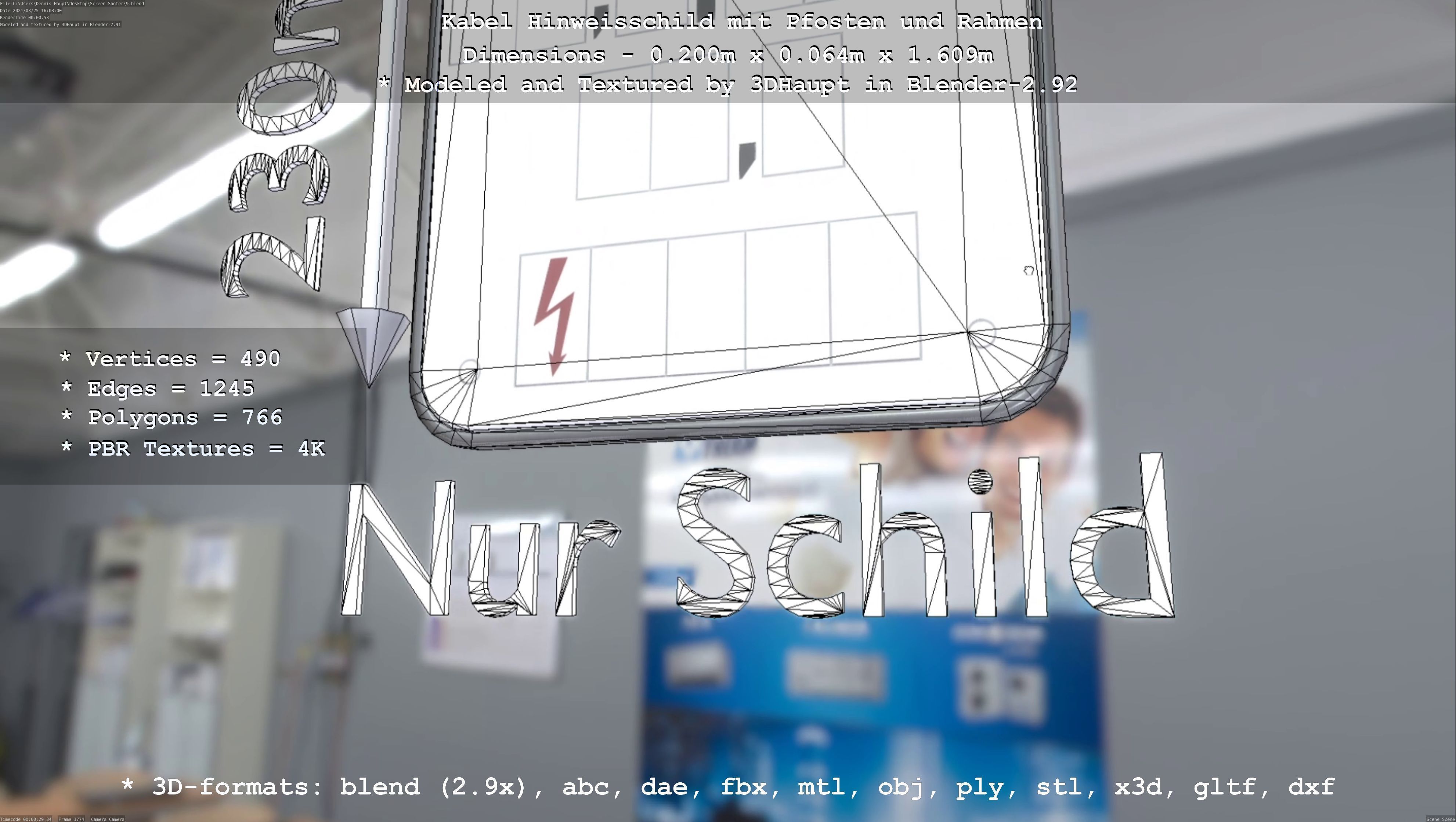 Hinweisschild Kabel mit Pfosten und Rahmen Low-poly 3D model_84