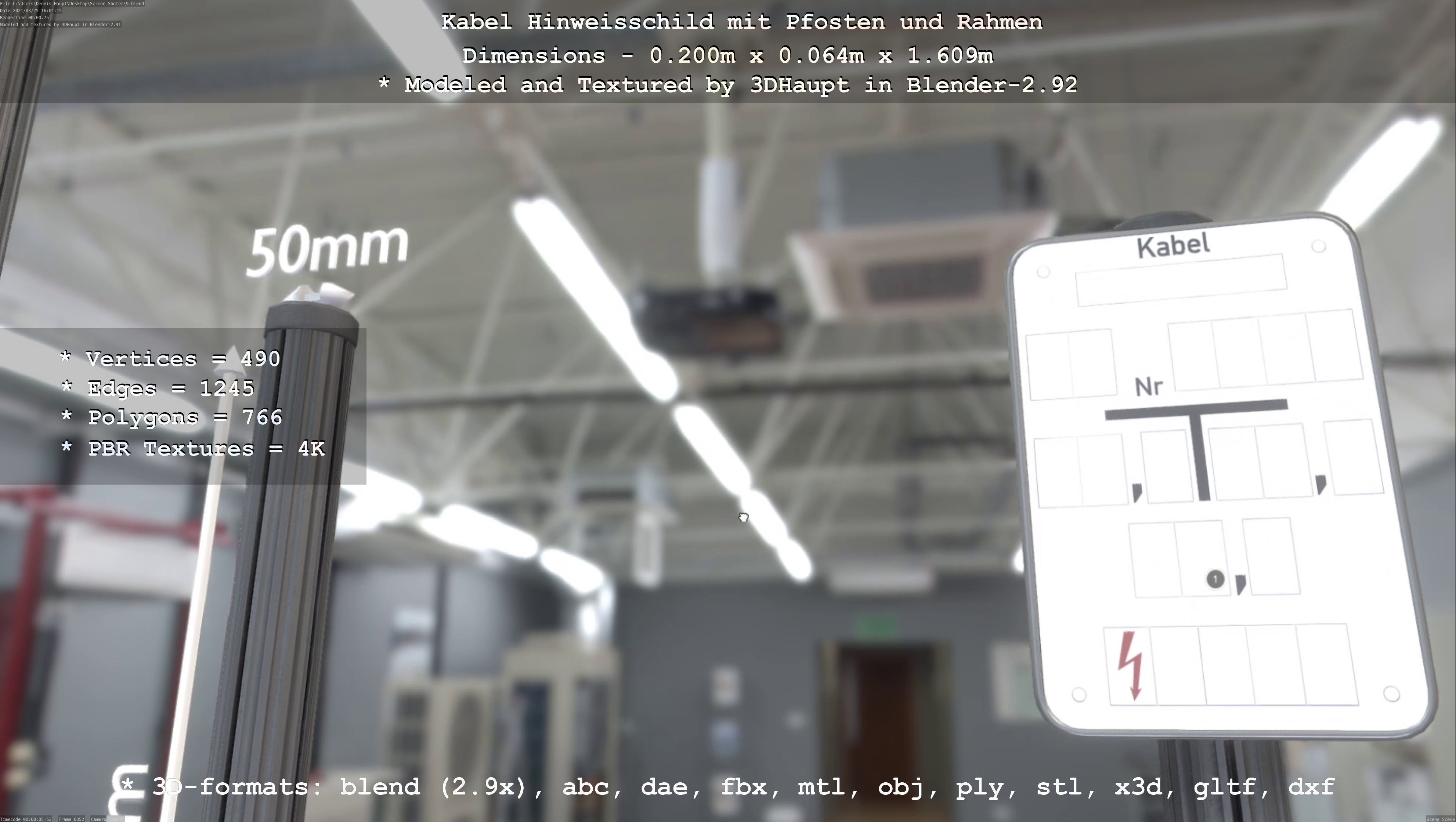 Hinweisschild Kabel mit Pfosten und Rahmen Low-poly 3D model_32