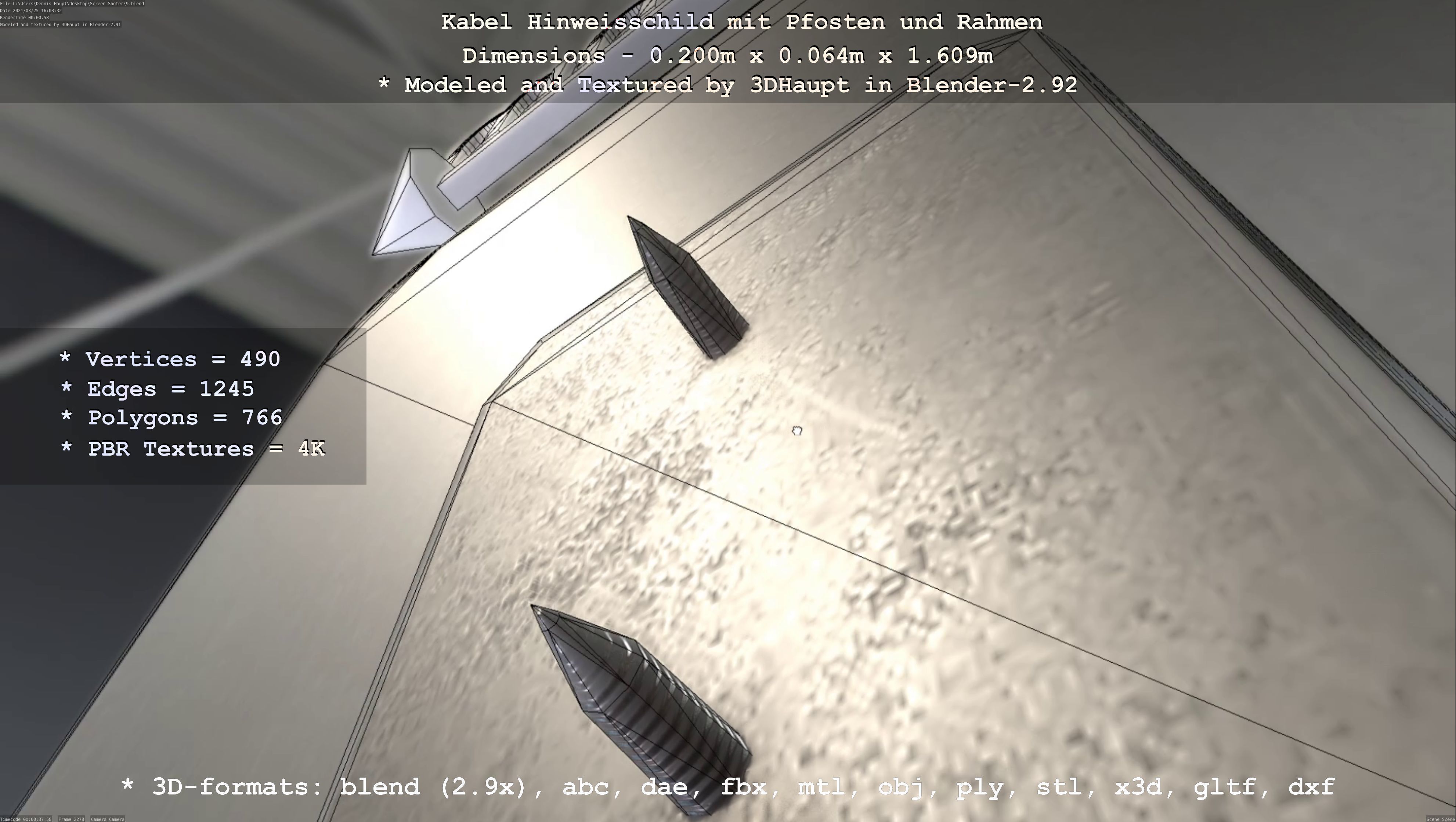 Hinweisschild Kabel mit Pfosten und Rahmen Low-poly 3D model_37