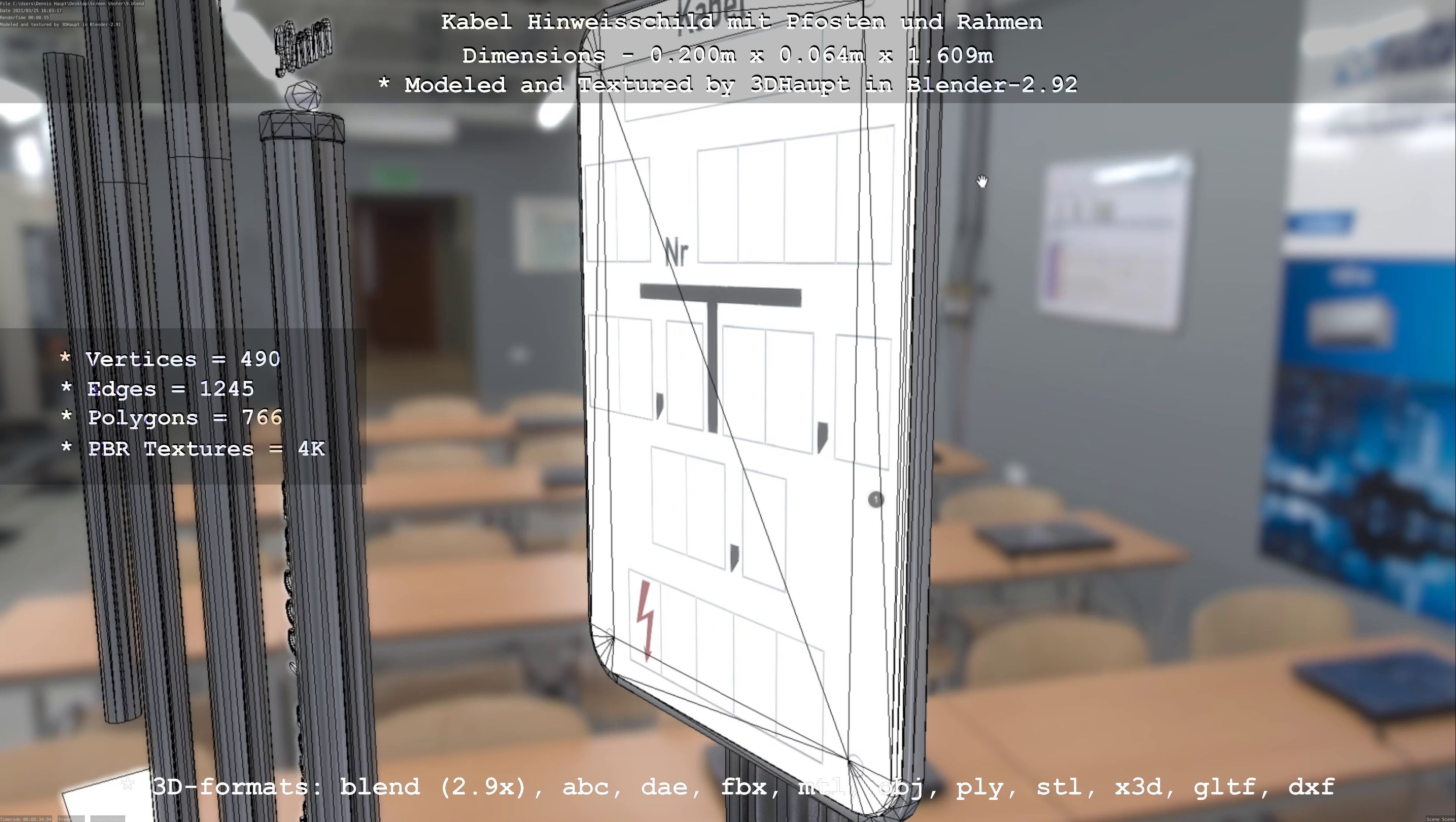 Hinweisschild Kabel mit Pfosten und Rahmen Low-poly 3D model_88