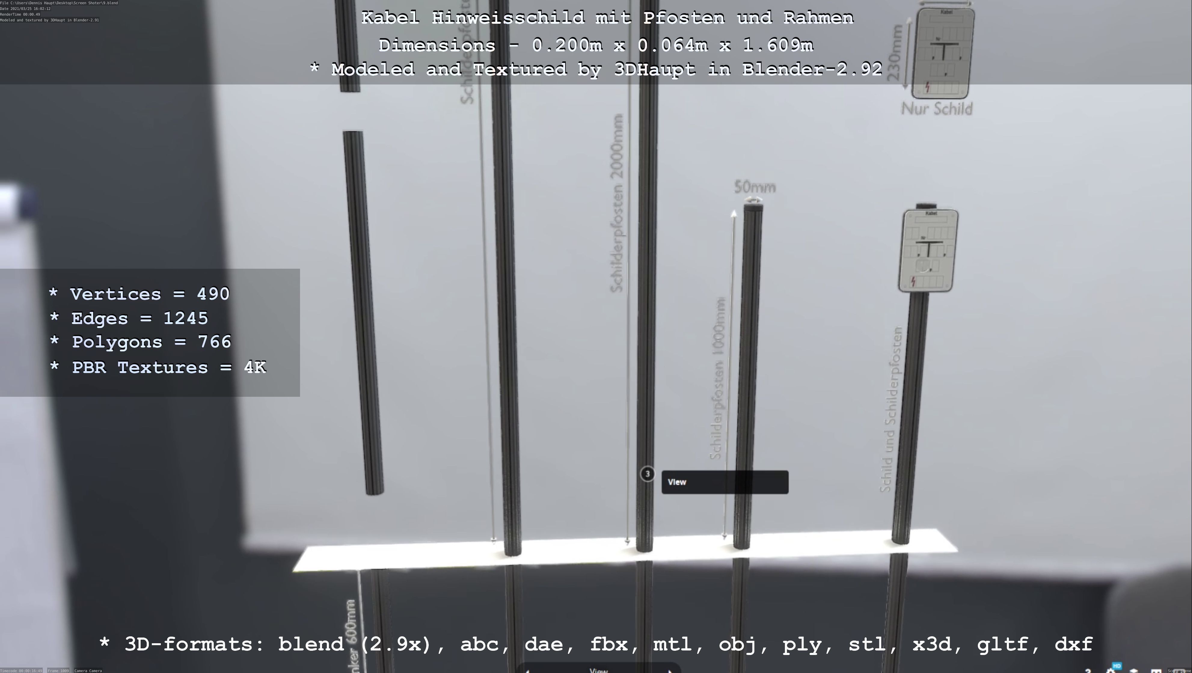Hinweisschild Kabel mit Pfosten und Rahmen Low-poly 3D model_123