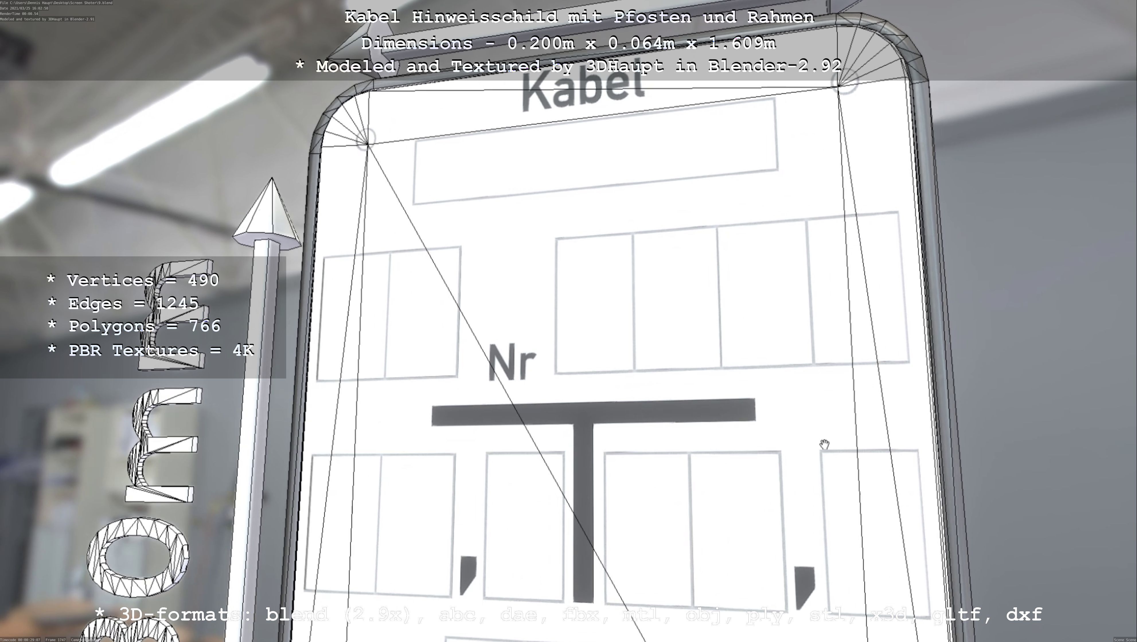 Hinweisschild Kabel mit Pfosten und Rahmen Low-poly 3D model_29
