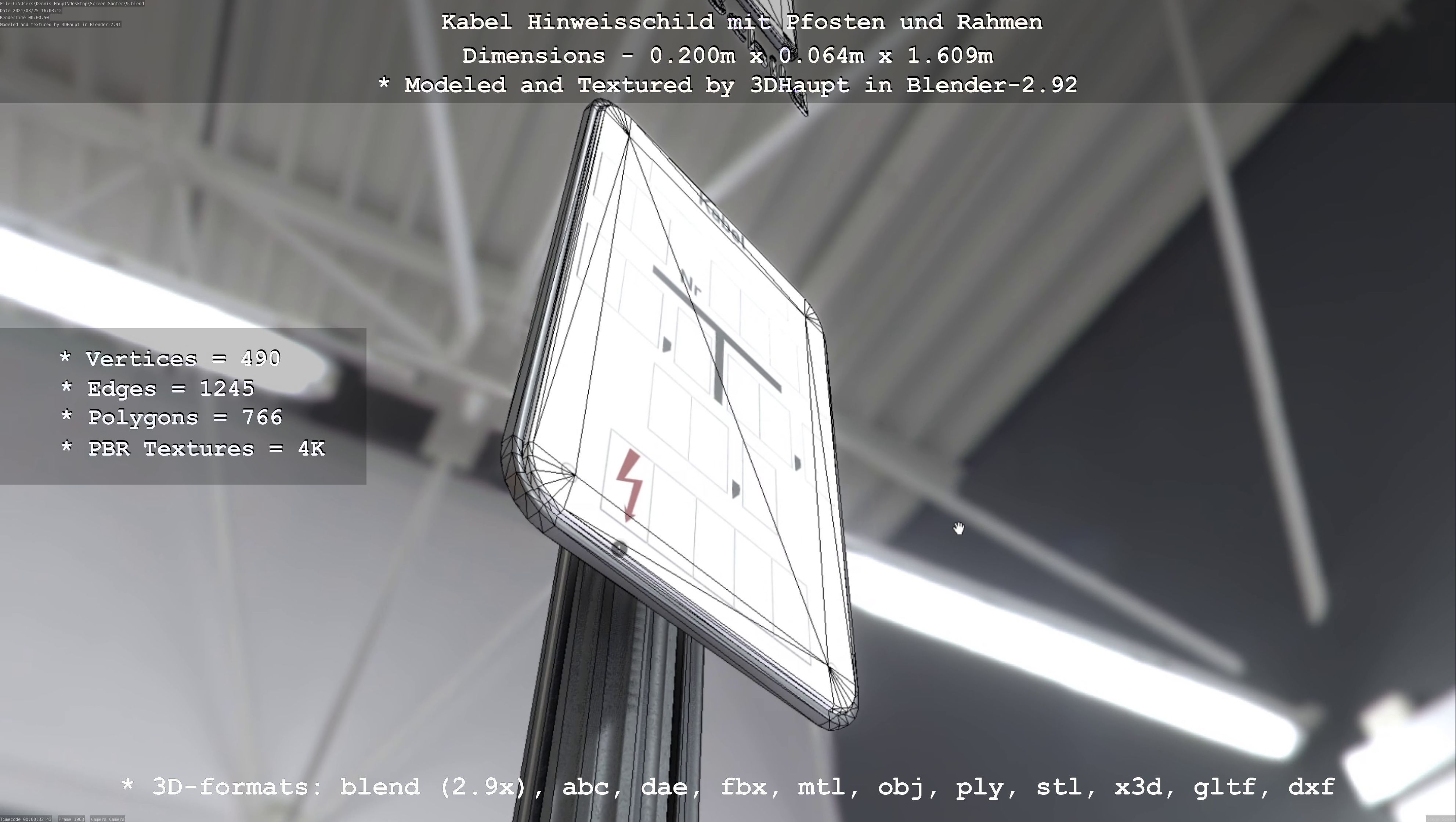 Hinweisschild Kabel mit Pfosten und Rahmen Low-poly 3D model_41