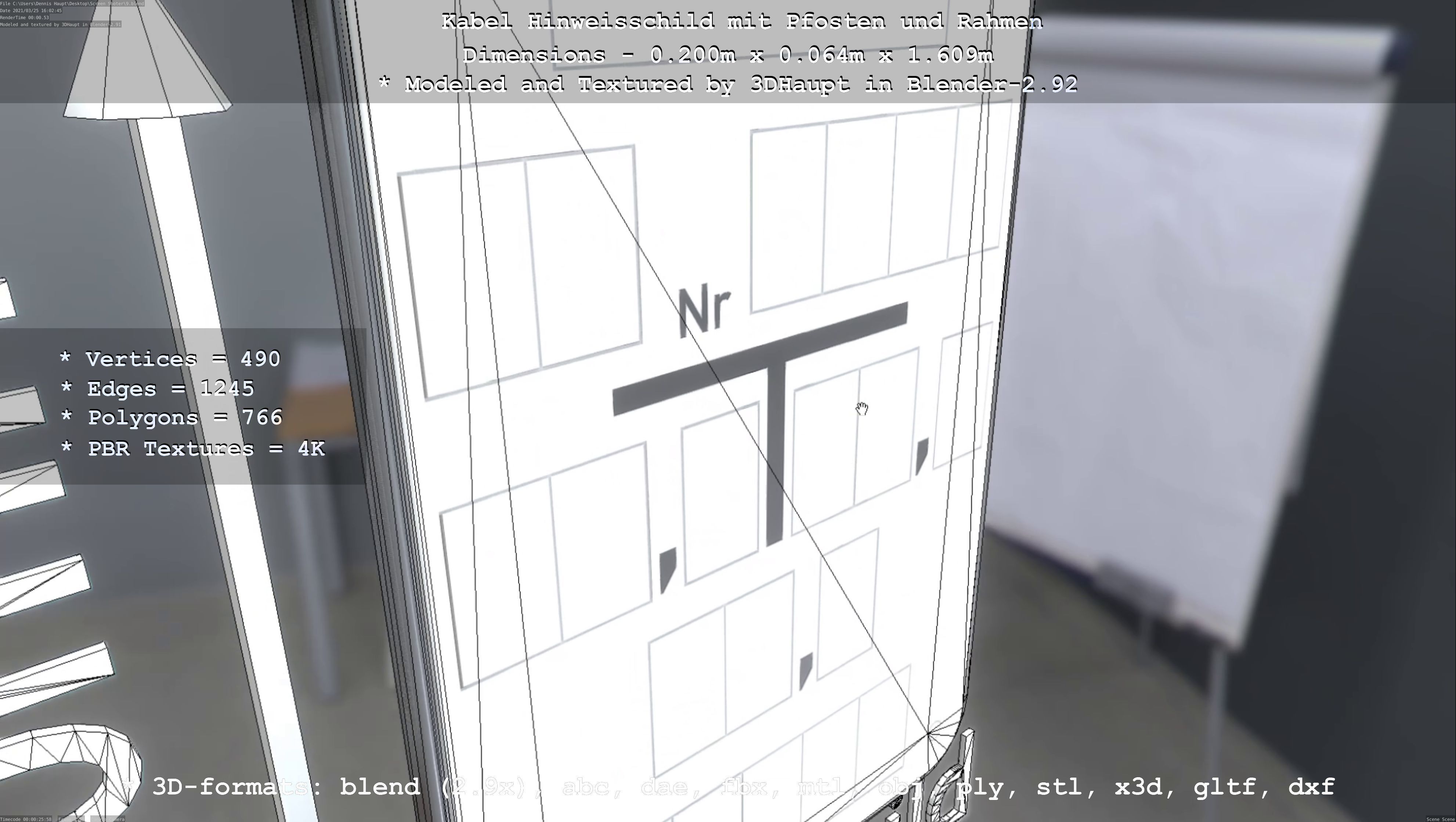 Hinweisschild Kabel mit Pfosten und Rahmen Low-poly 3D model_25