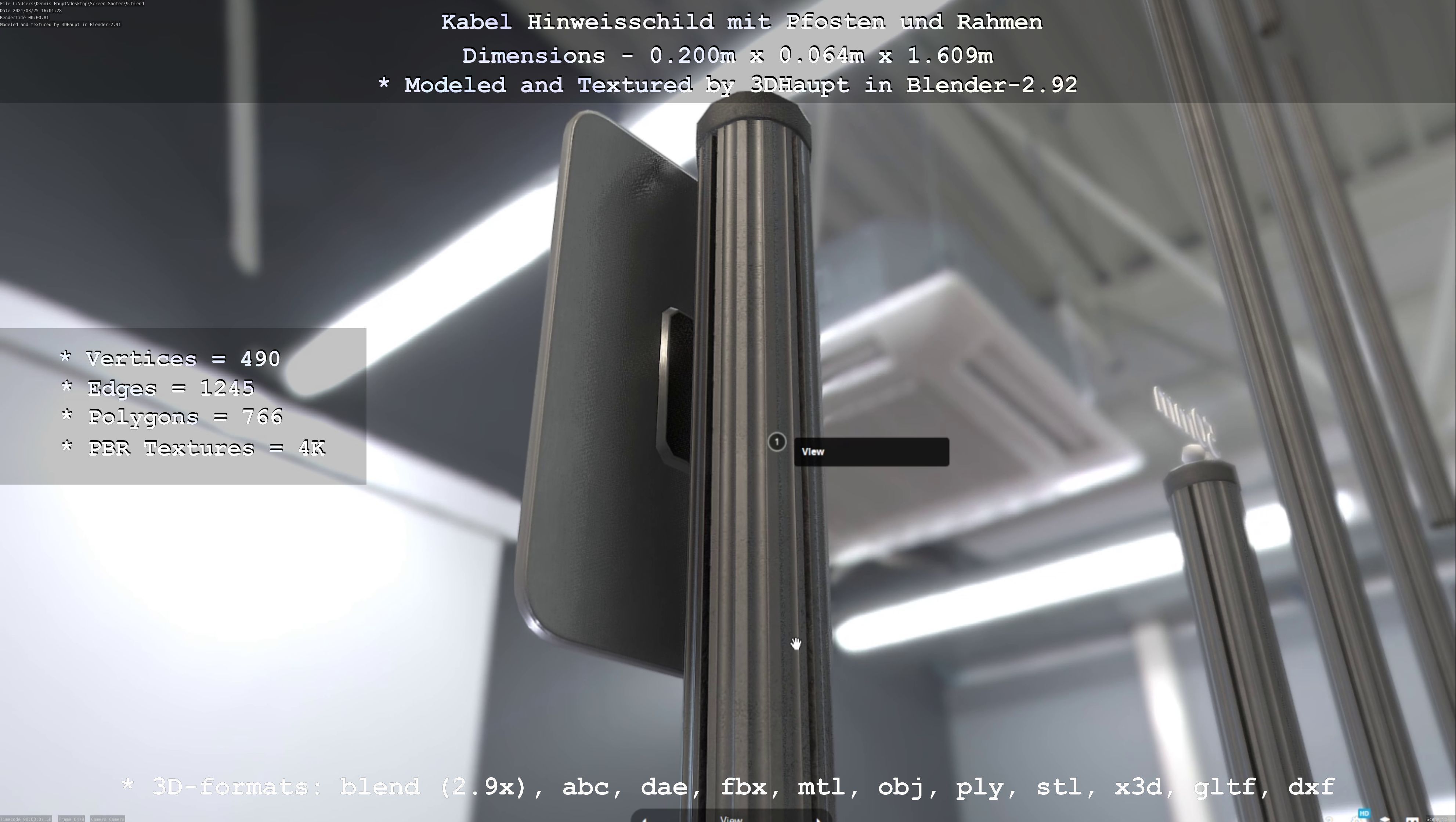 Hinweisschild Kabel mit Pfosten und Rahmen Low-poly 3D model_63