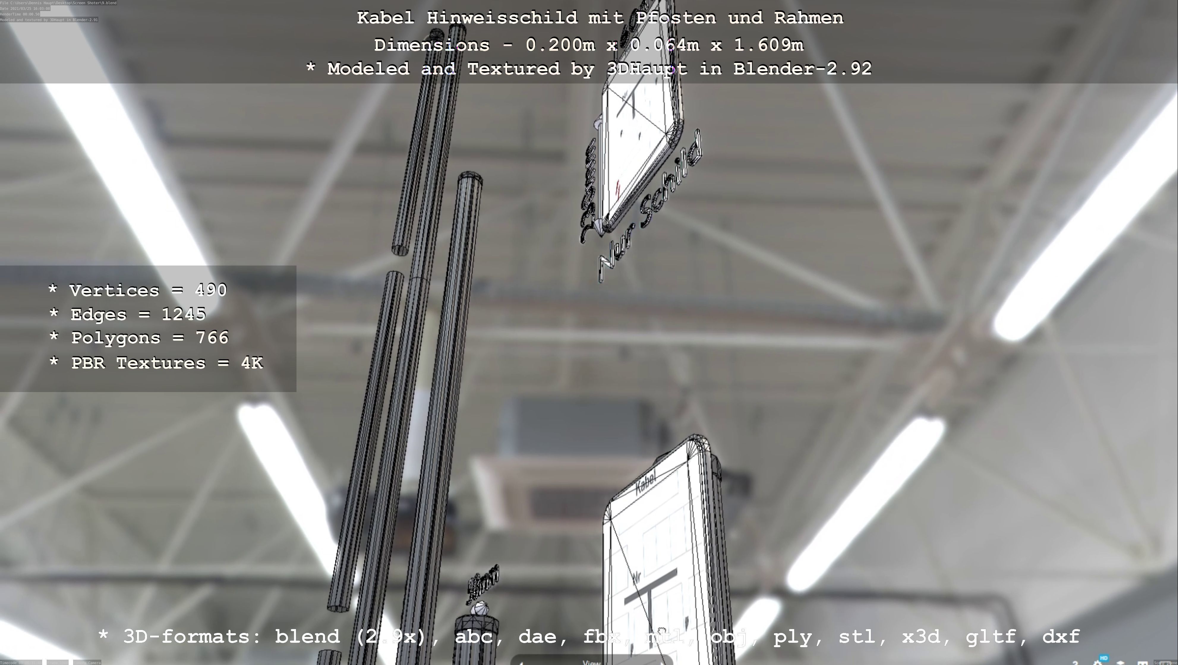 Hinweisschild Kabel mit Pfosten und Rahmen Low-poly 3D model_87