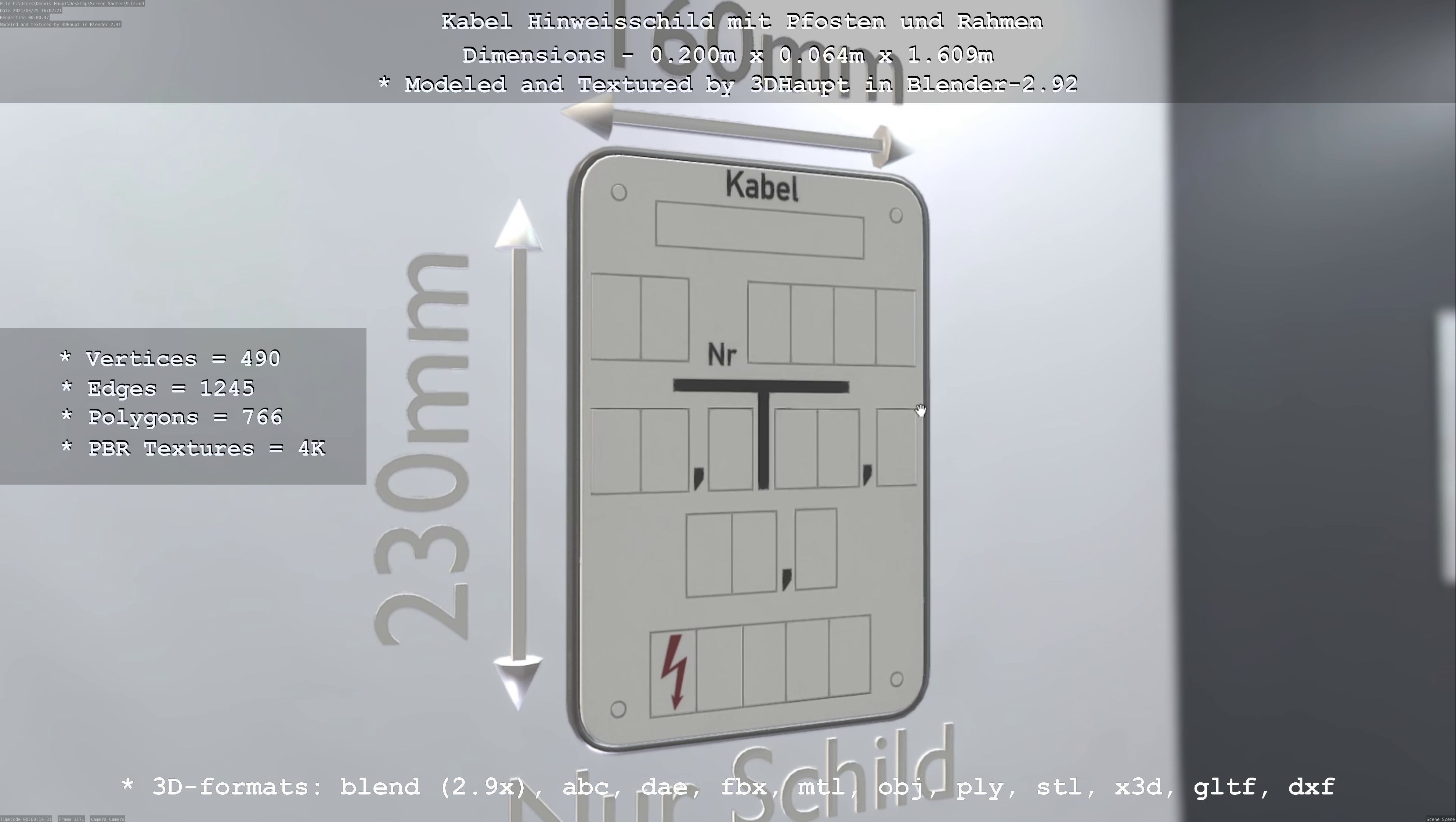 Hinweisschild Kabel mit Pfosten und Rahmen Low-poly 3D model_113