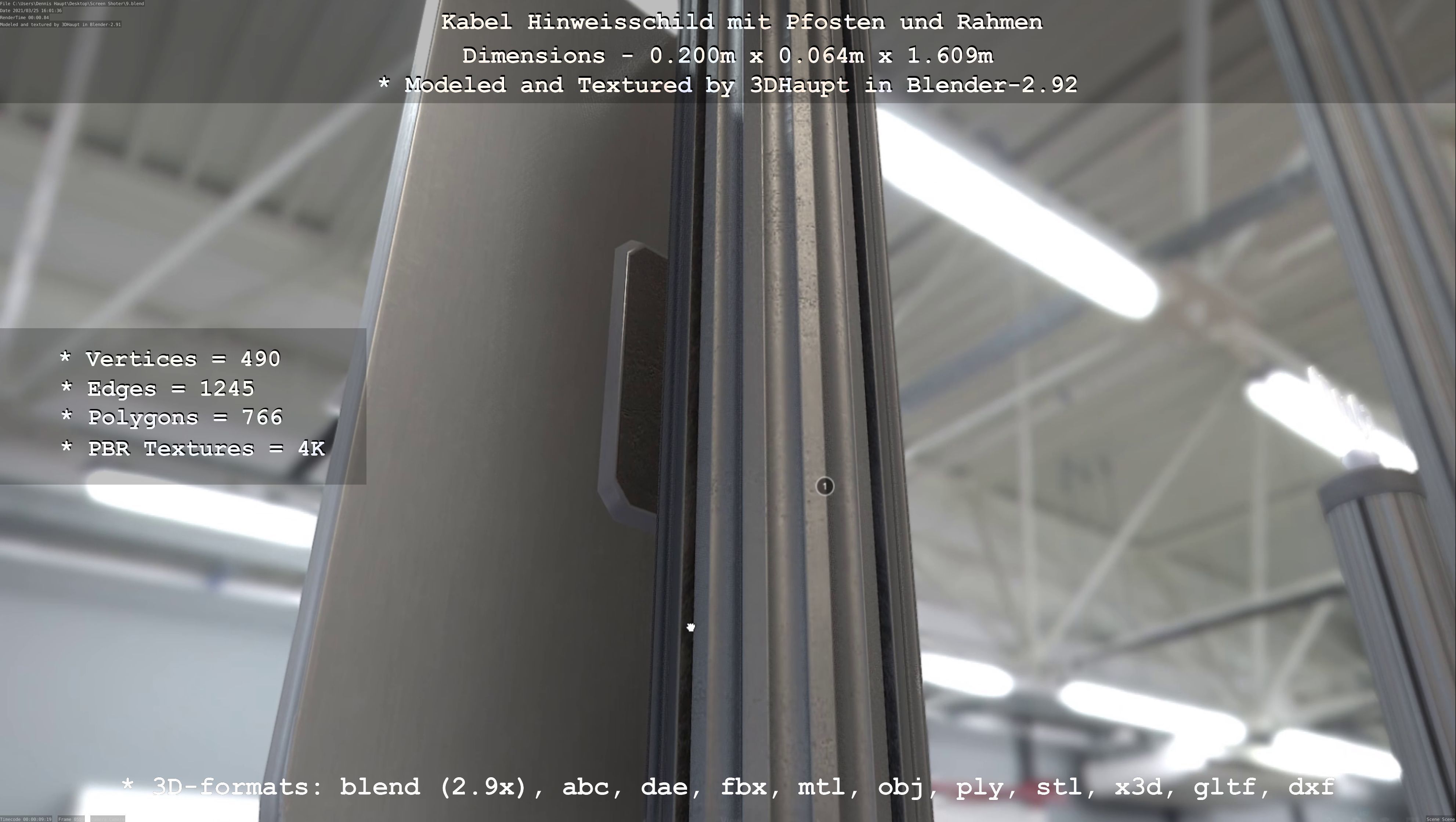 Hinweisschild Kabel mit Pfosten und Rahmen Low-poly 3D model_103