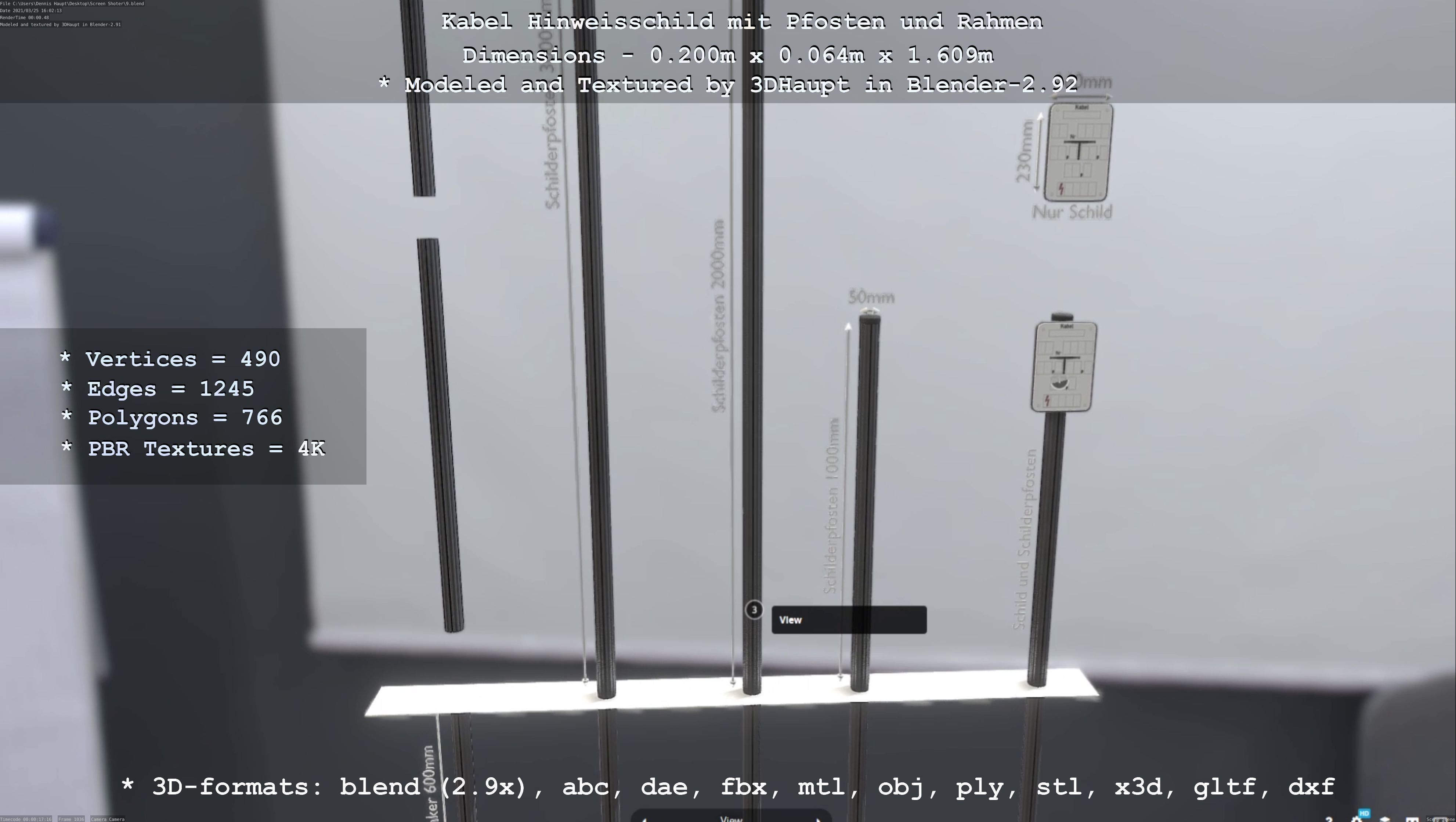 Hinweisschild Kabel mit Pfosten und Rahmen Low-poly 3D model_104