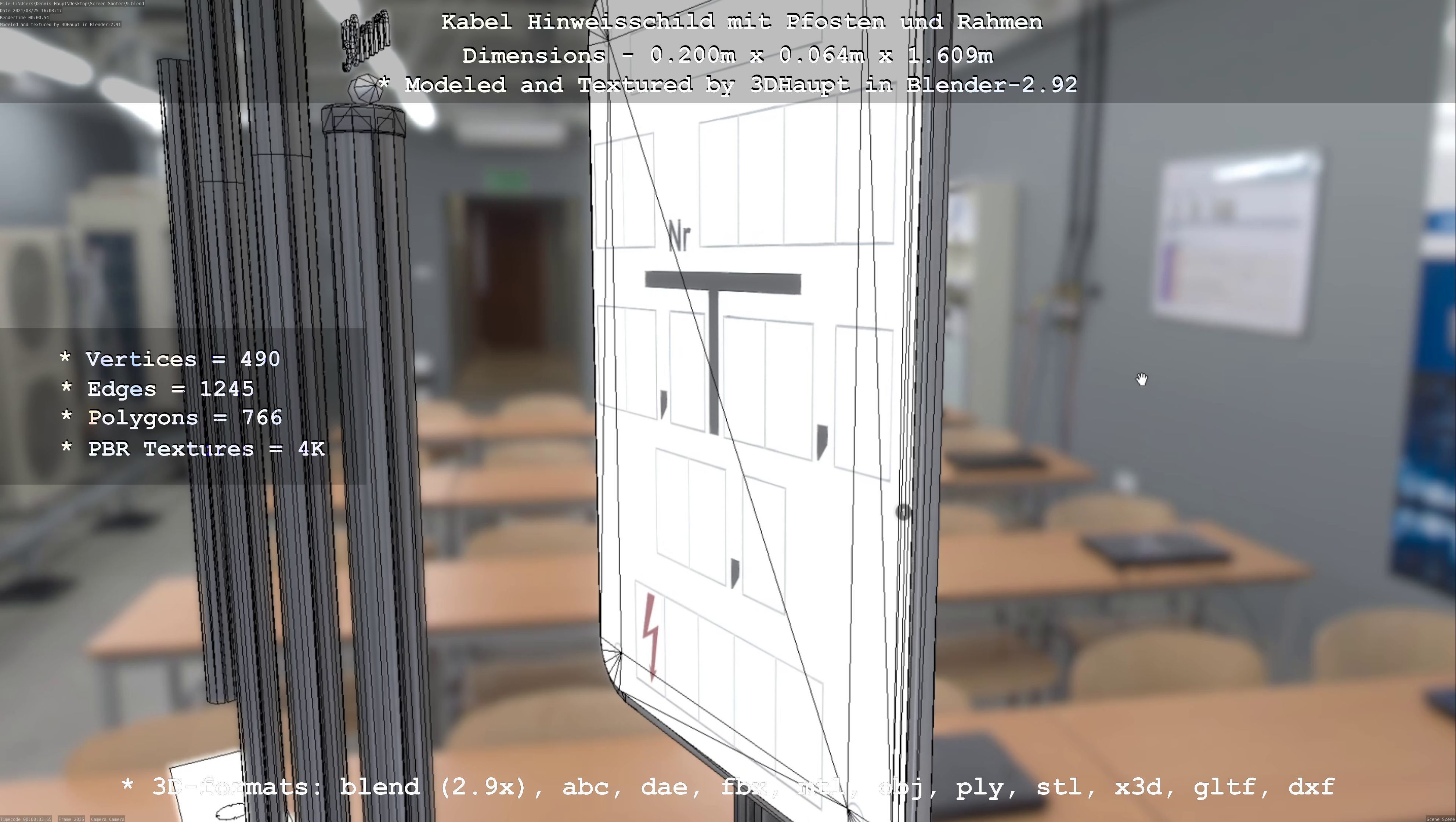 Hinweisschild Kabel mit Pfosten und Rahmen Low-poly 3D model_43