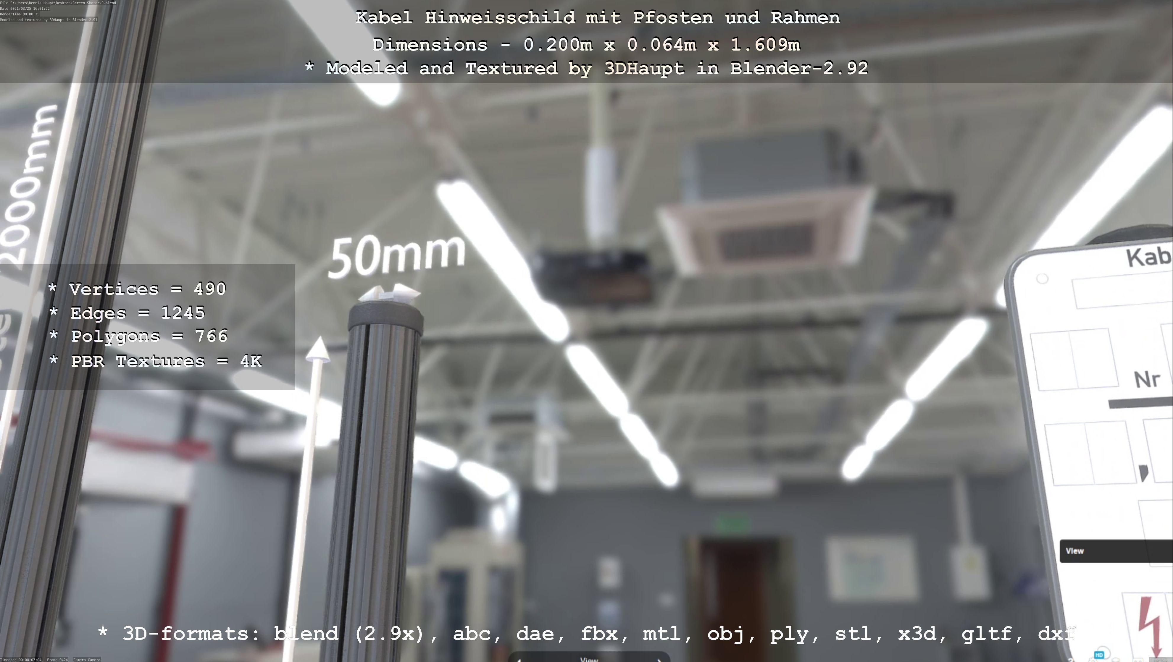 Hinweisschild Kabel mit Pfosten und Rahmen Low-poly 3D model_90