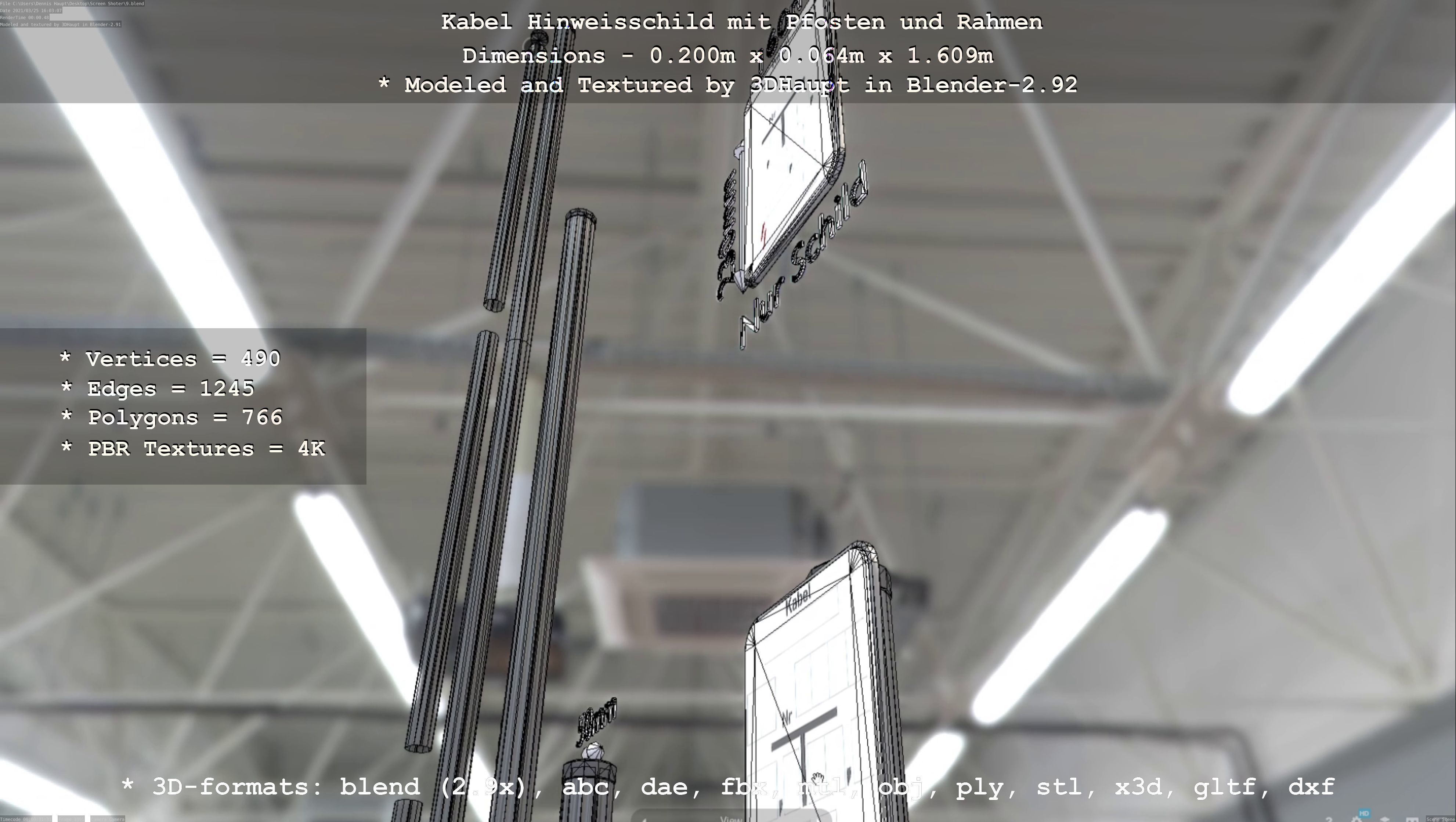 Hinweisschild Kabel mit Pfosten und Rahmen Low-poly 3D model_48