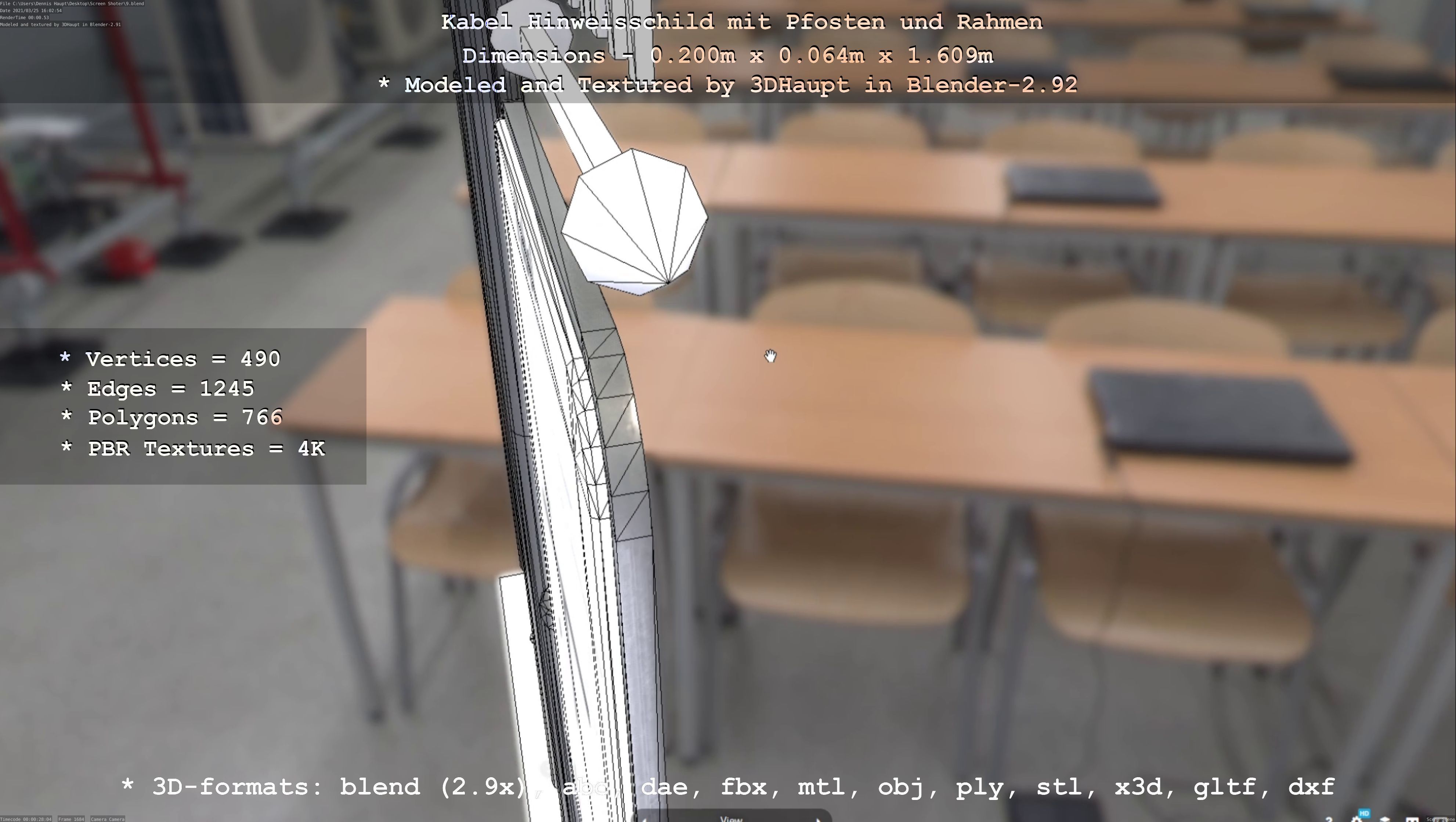 Hinweisschild Kabel mit Pfosten und Rahmen Low-poly 3D model_31