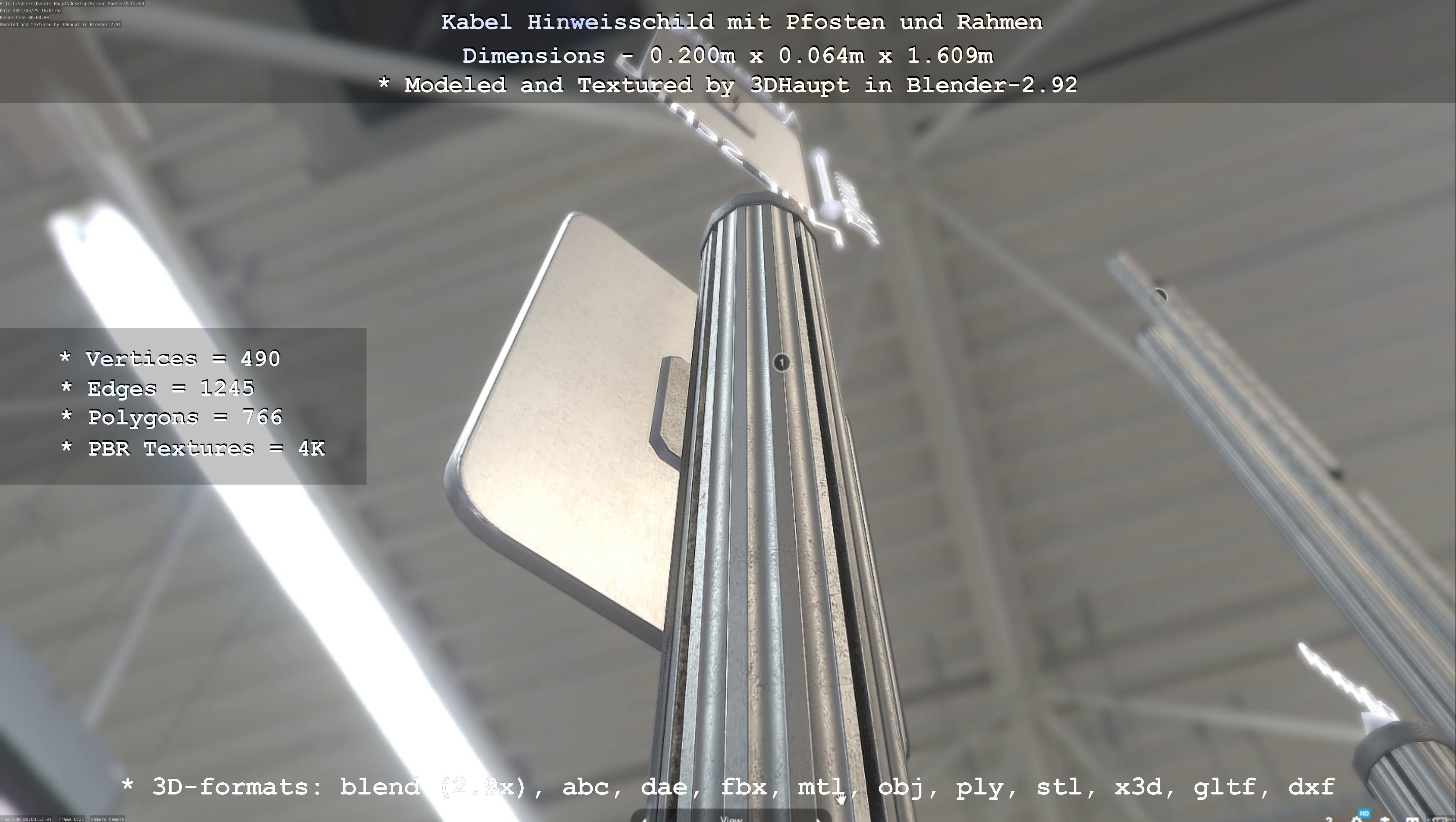 Hinweisschild Kabel mit Pfosten und Rahmen Low-poly 3D model_20