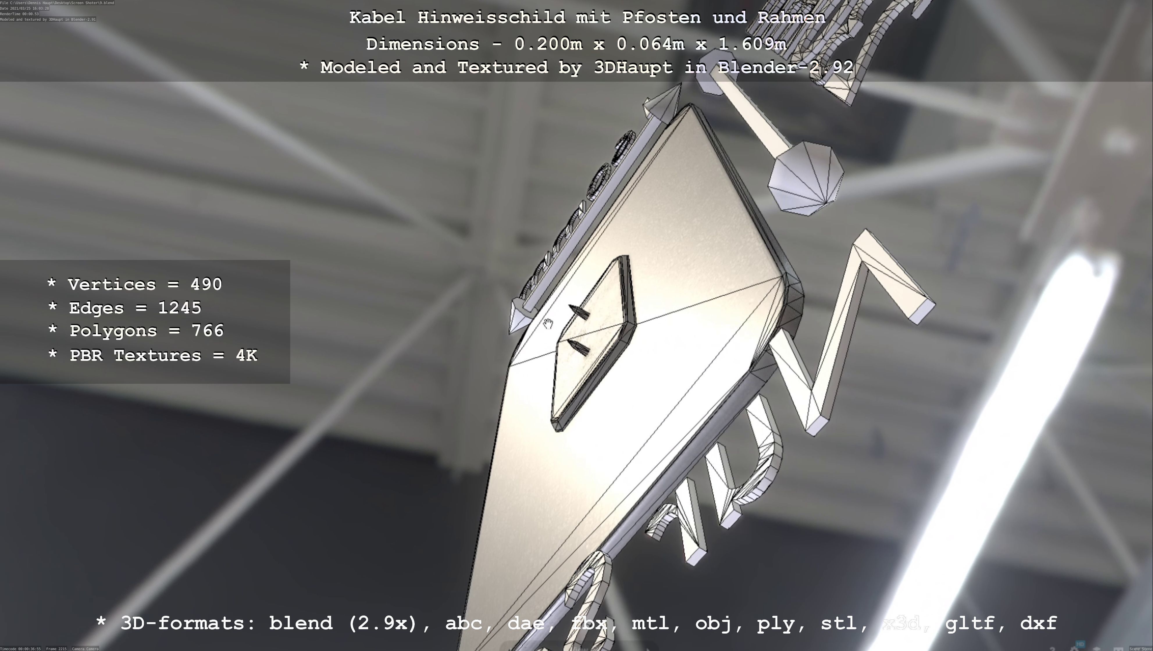 Hinweisschild Kabel mit Pfosten und Rahmen Low-poly 3D model_50